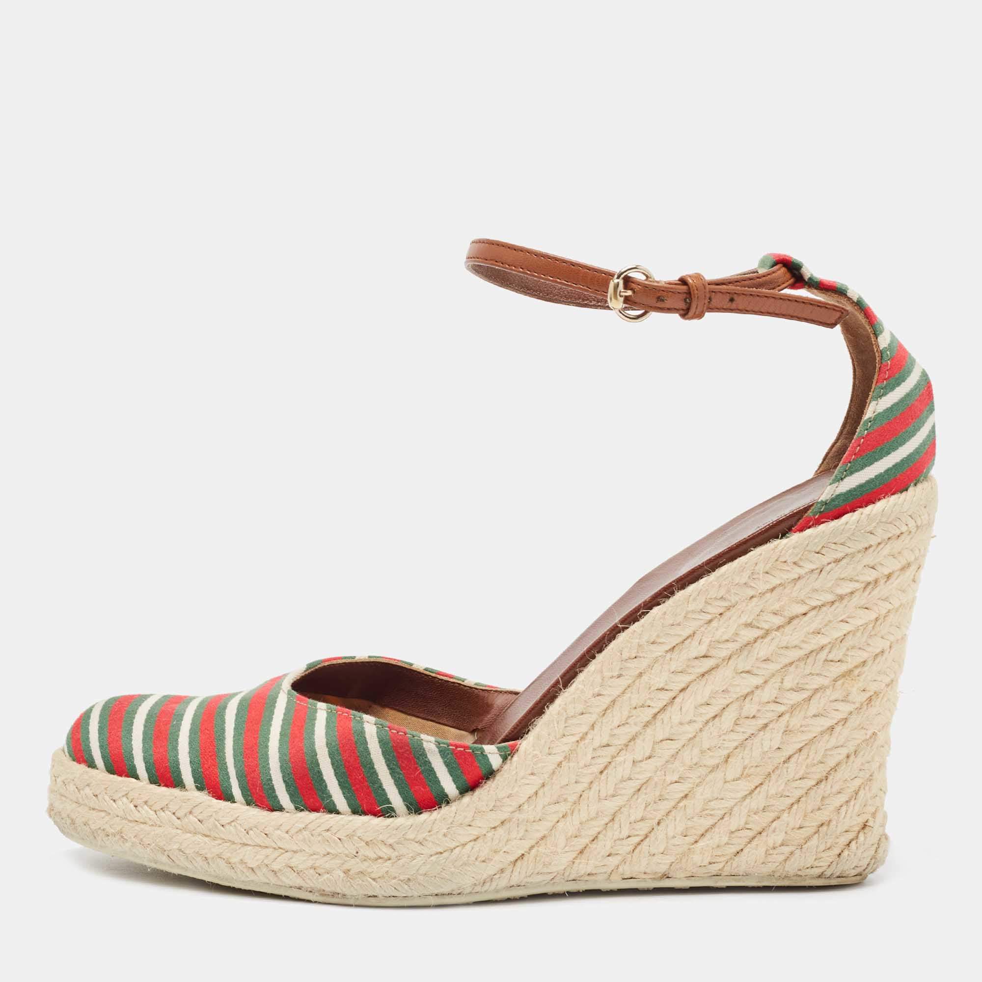 Gucci Multicolor Fabric Platform Wedge Espadrille Sandals Size 38