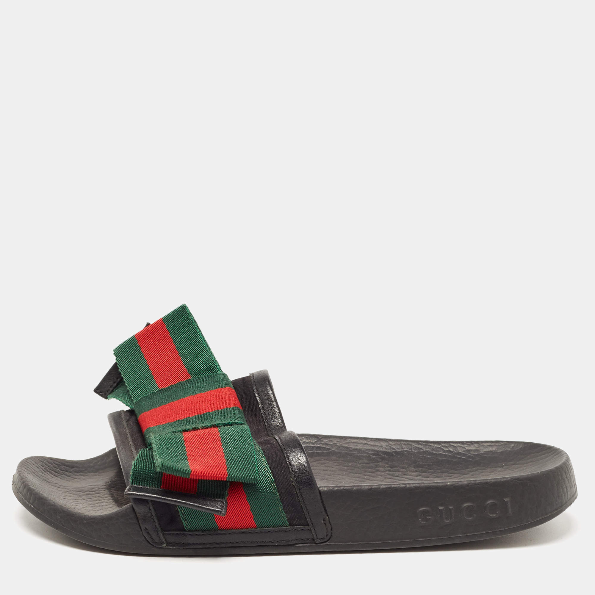 مملوكة مسبقًا Gucci Black Fabric And Leather Web Detail Bow Slide Sandals Size 36