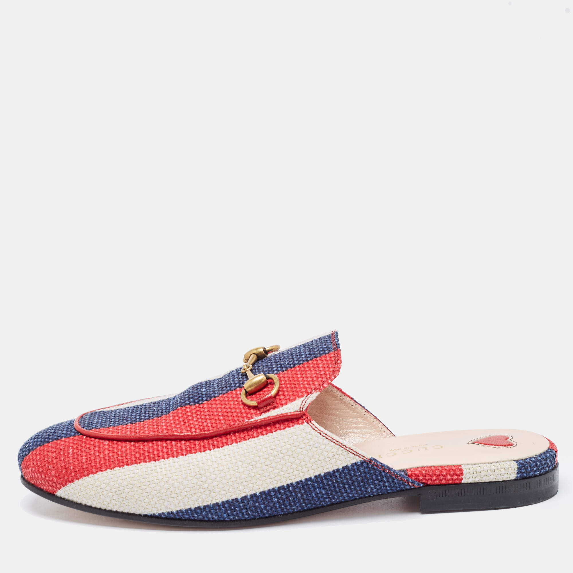 Gucci Tri Color Stripe Canvas Princetown Horsebit Mules Size 37