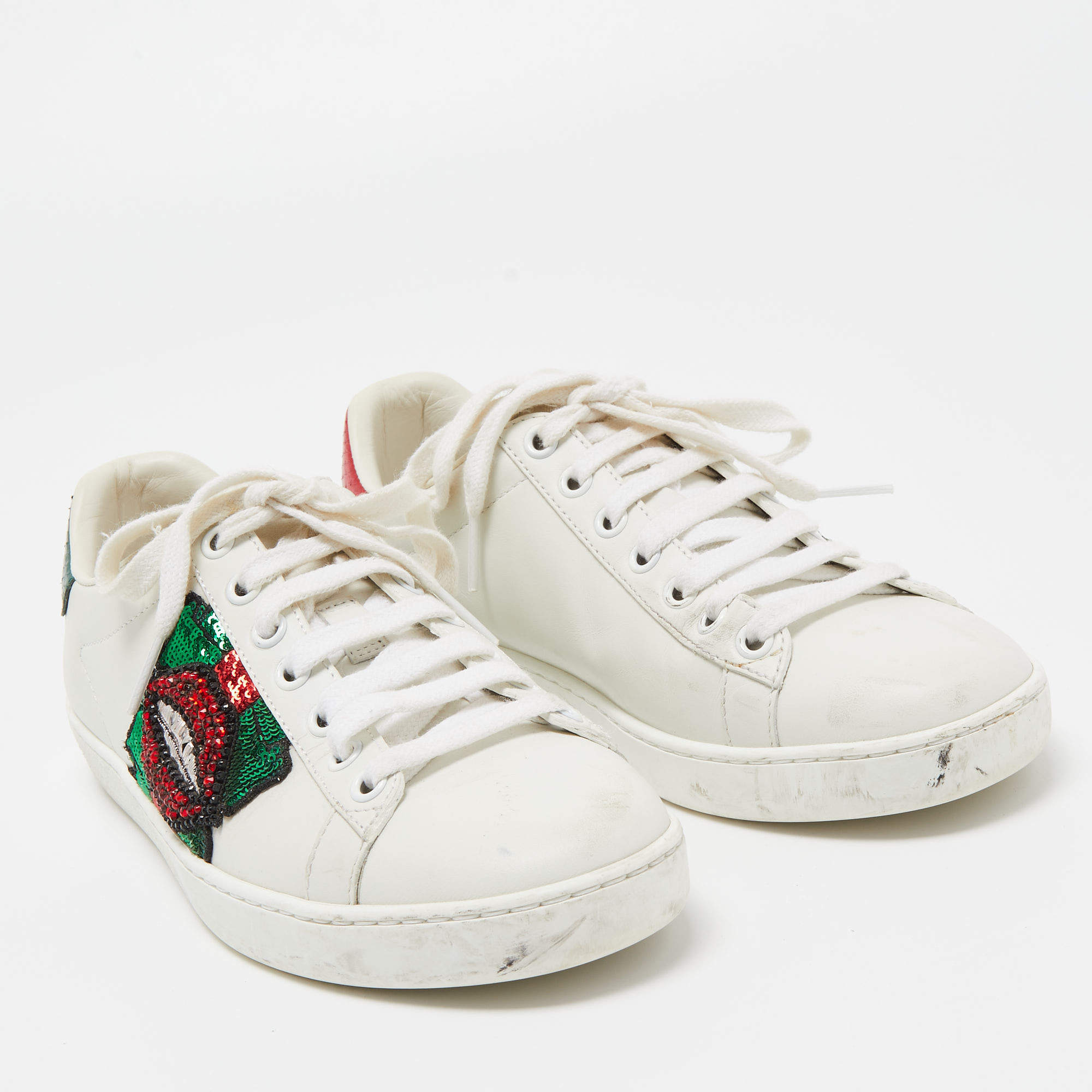 Gucci White Leather Sequins and Crystal Embellished Lips Ace Sneakers Size 36 Gucci TLC