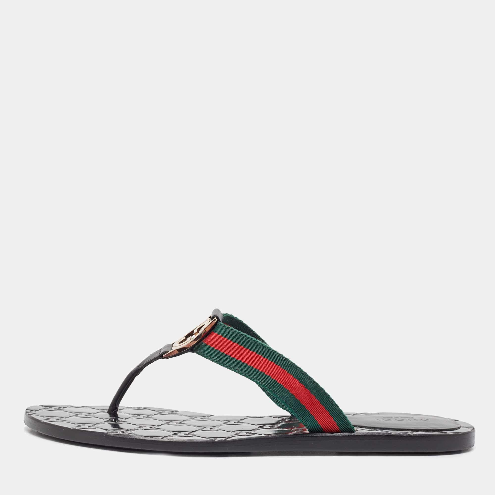 Pre Owned Gucci Tricolor Leather and Canvas Web Interlocking G Thong Flats Size 37