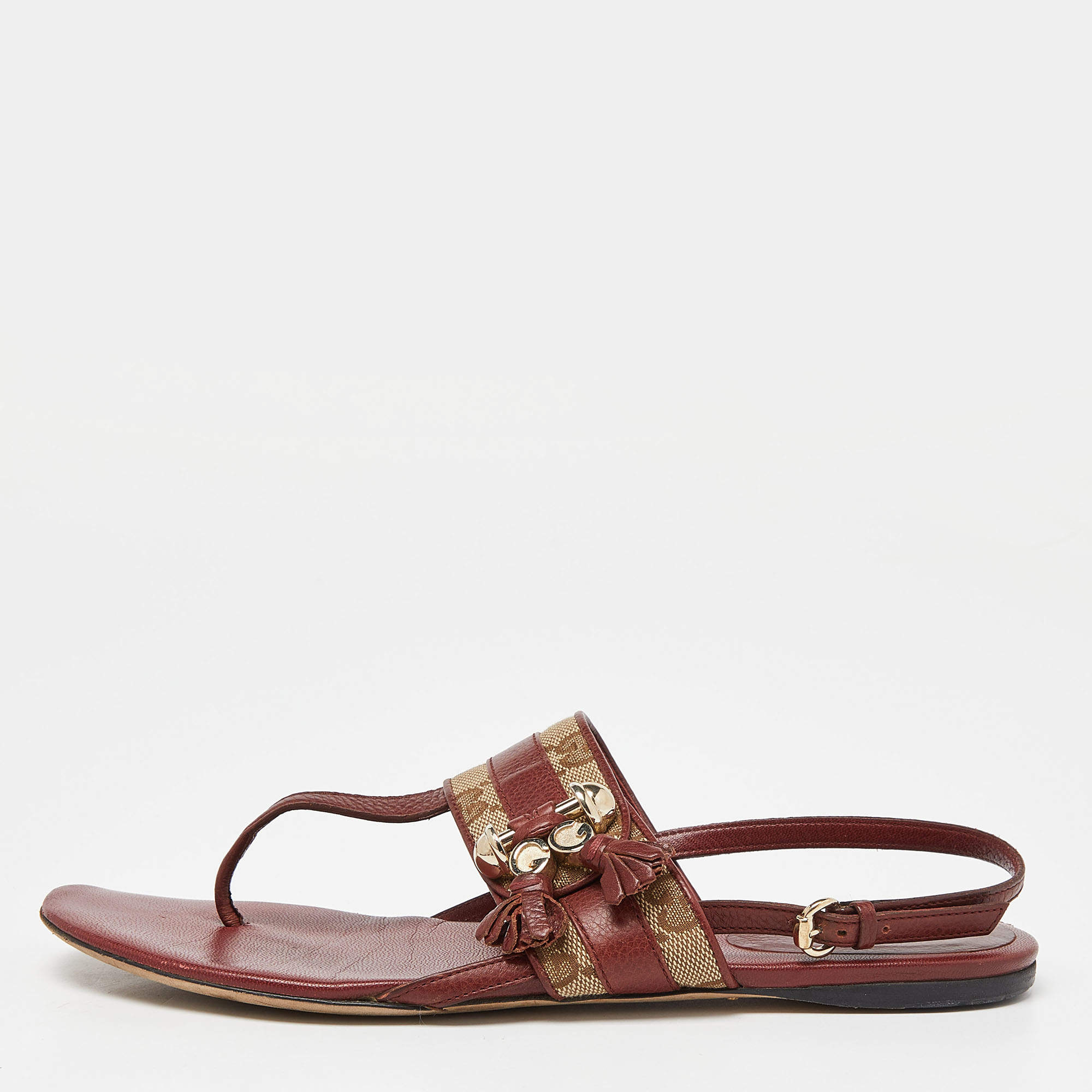 Pre Owned Gucci Burgundy/Beige Leather and Canvas Thong Flats Size 36.5