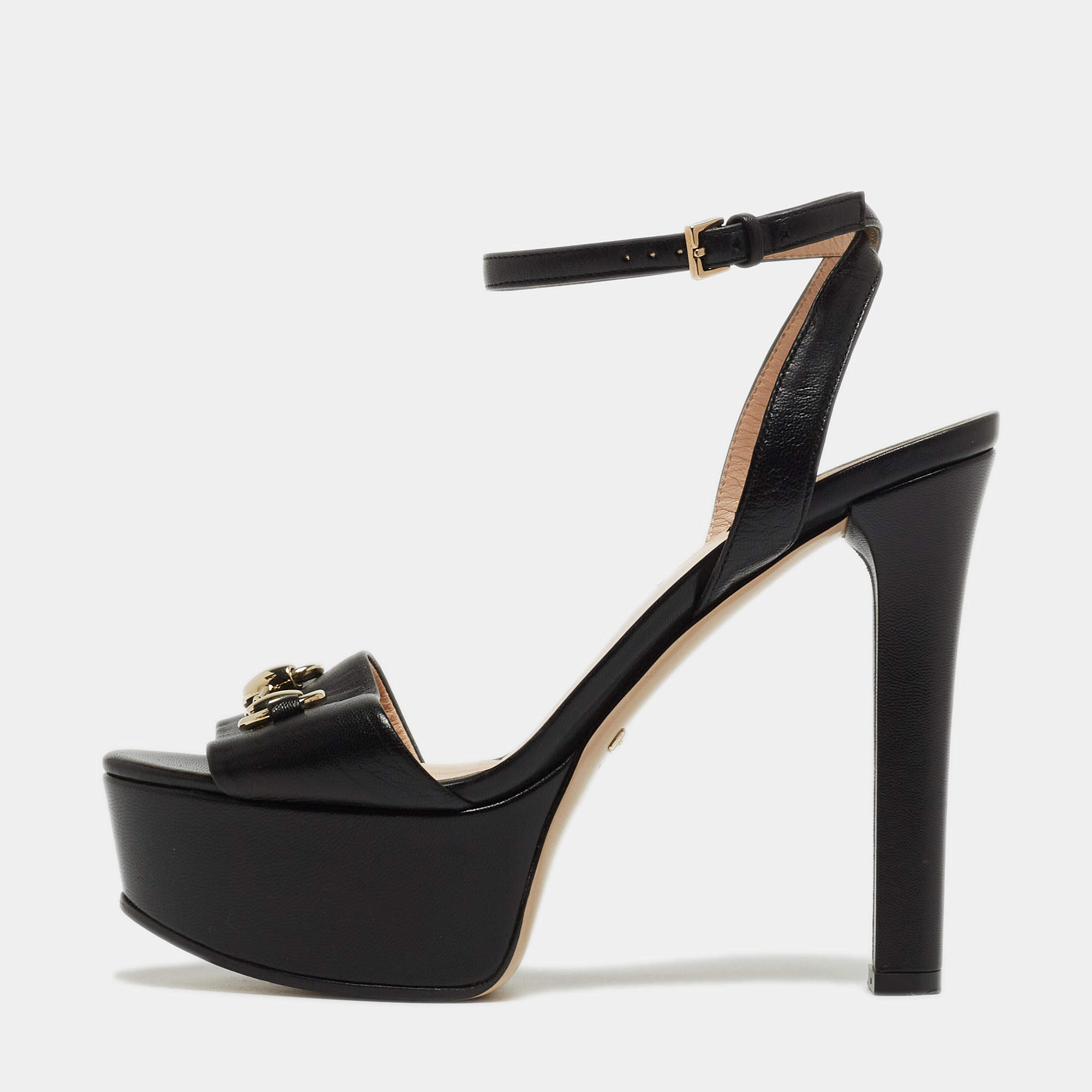 Gucci Black Leather Horsebit Platform Ankle Strap Sandals Size 35.5