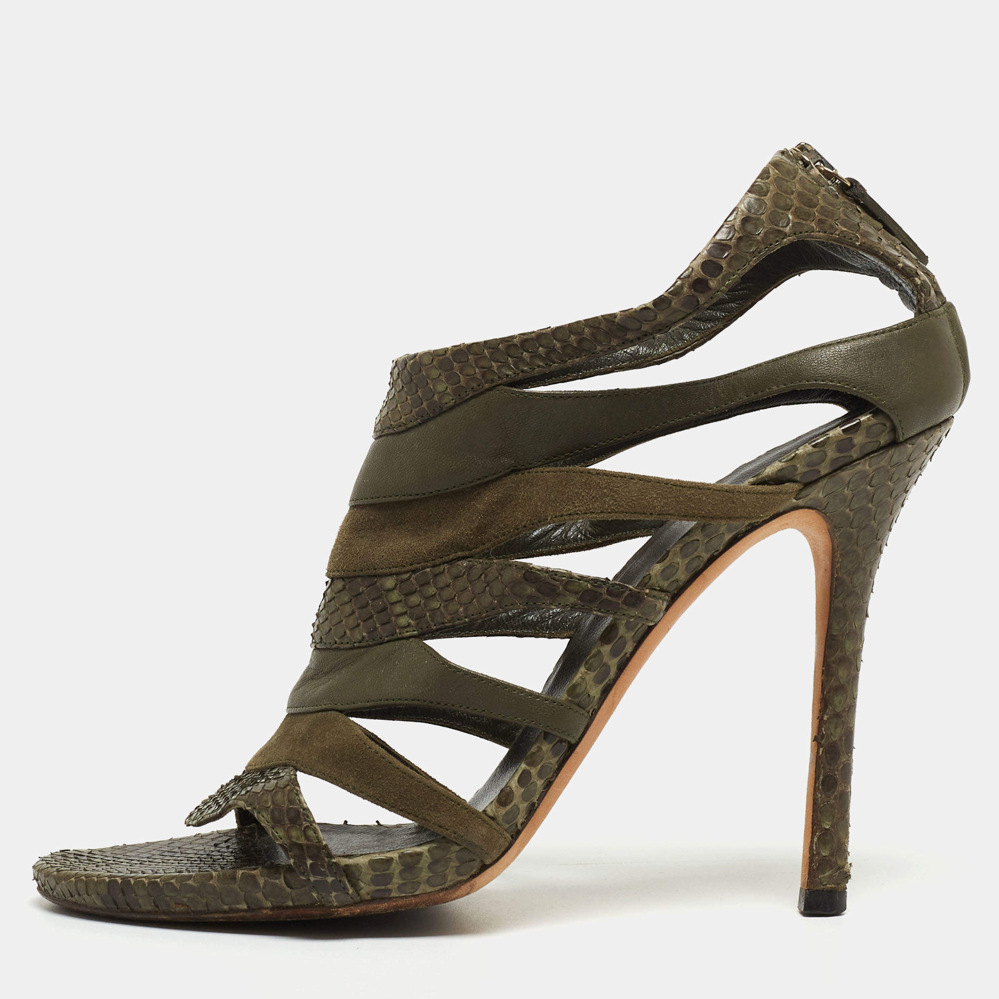 مملوكة مسبقًا Gucci Green Python And Suede Ankle Strap Sandals Size 38