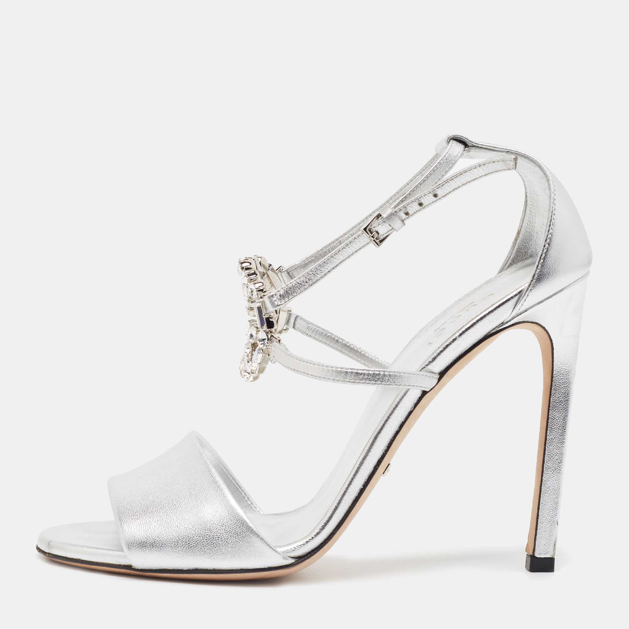 Gucci Silver Leather Crystal Embellished GG Logo Ankle Strap Sandals Size 37