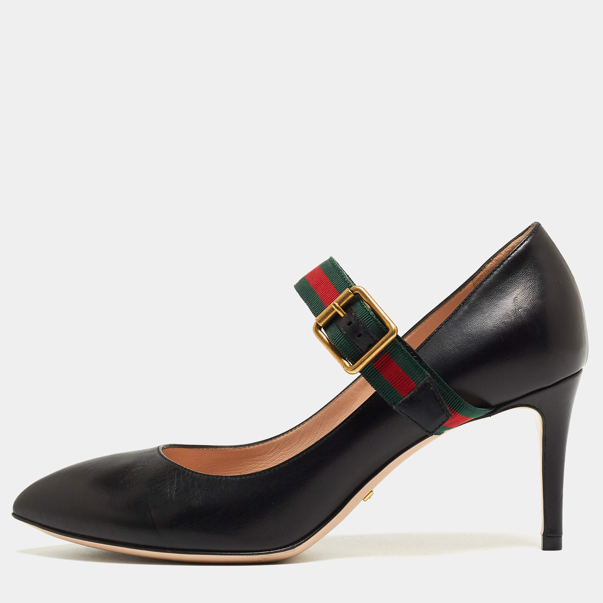 Pre Owned Gucci Black Leather Mary Jane Sylvie Pumps Size 37.5