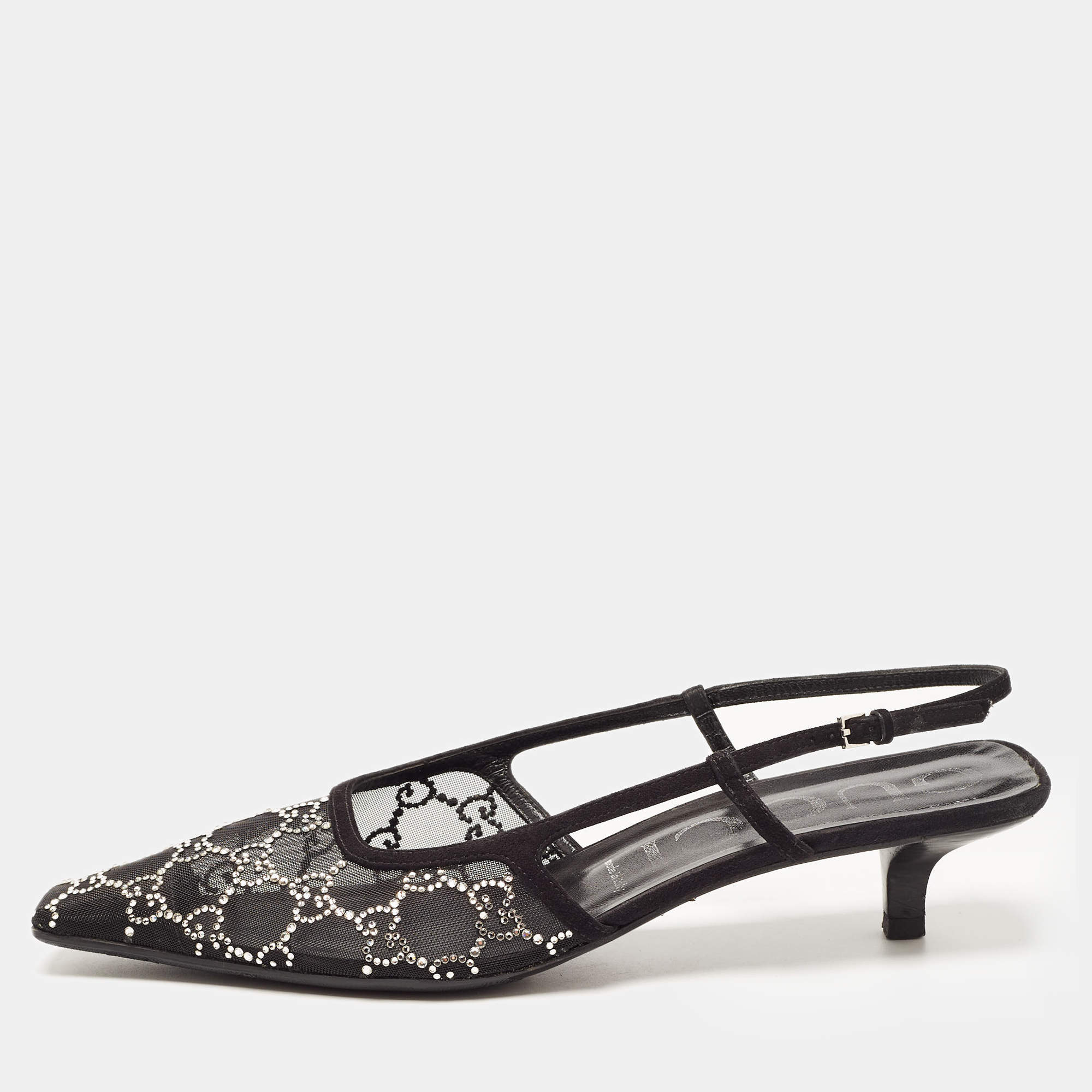 Gucci Black Suede and Mesh Crystal Embellished Slingback Sandals Size 41.5