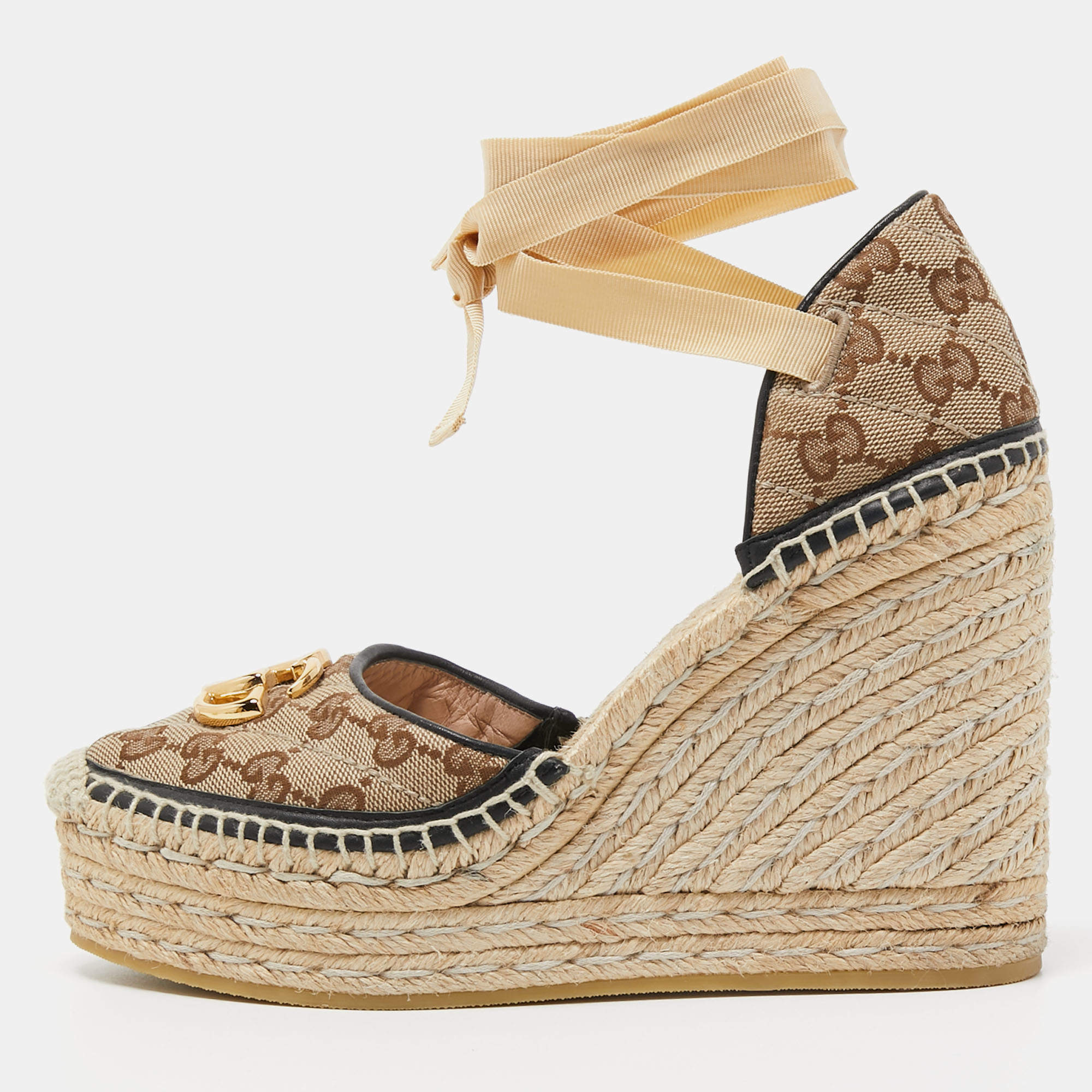 Pre Owned Gucci Brown/Beige GG Canvas Pilar Ankle Tie Espadrille Wedge Pumps Size 38