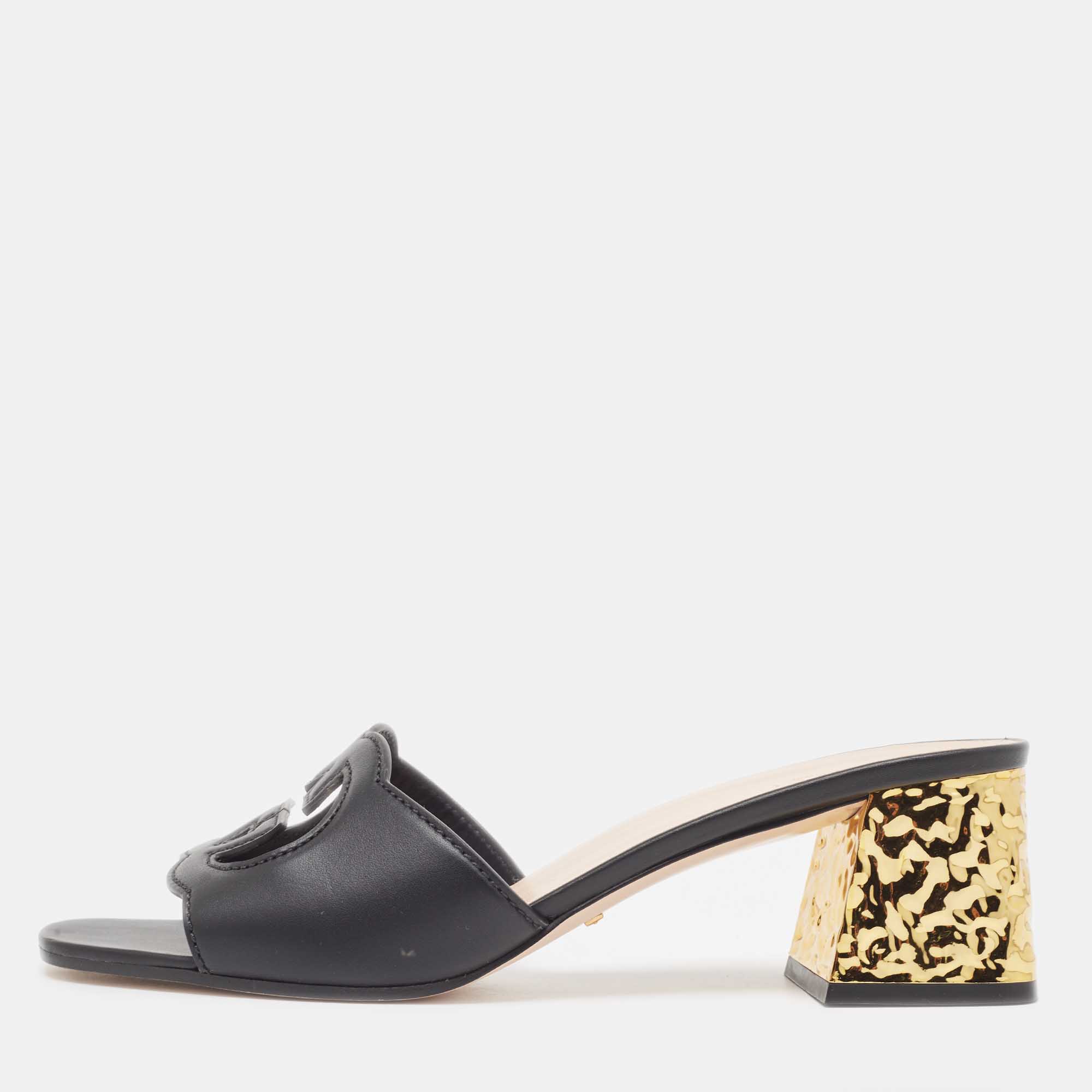 Gucci Black Leather Cut Out Interlocking G Slide Sandals Size 42