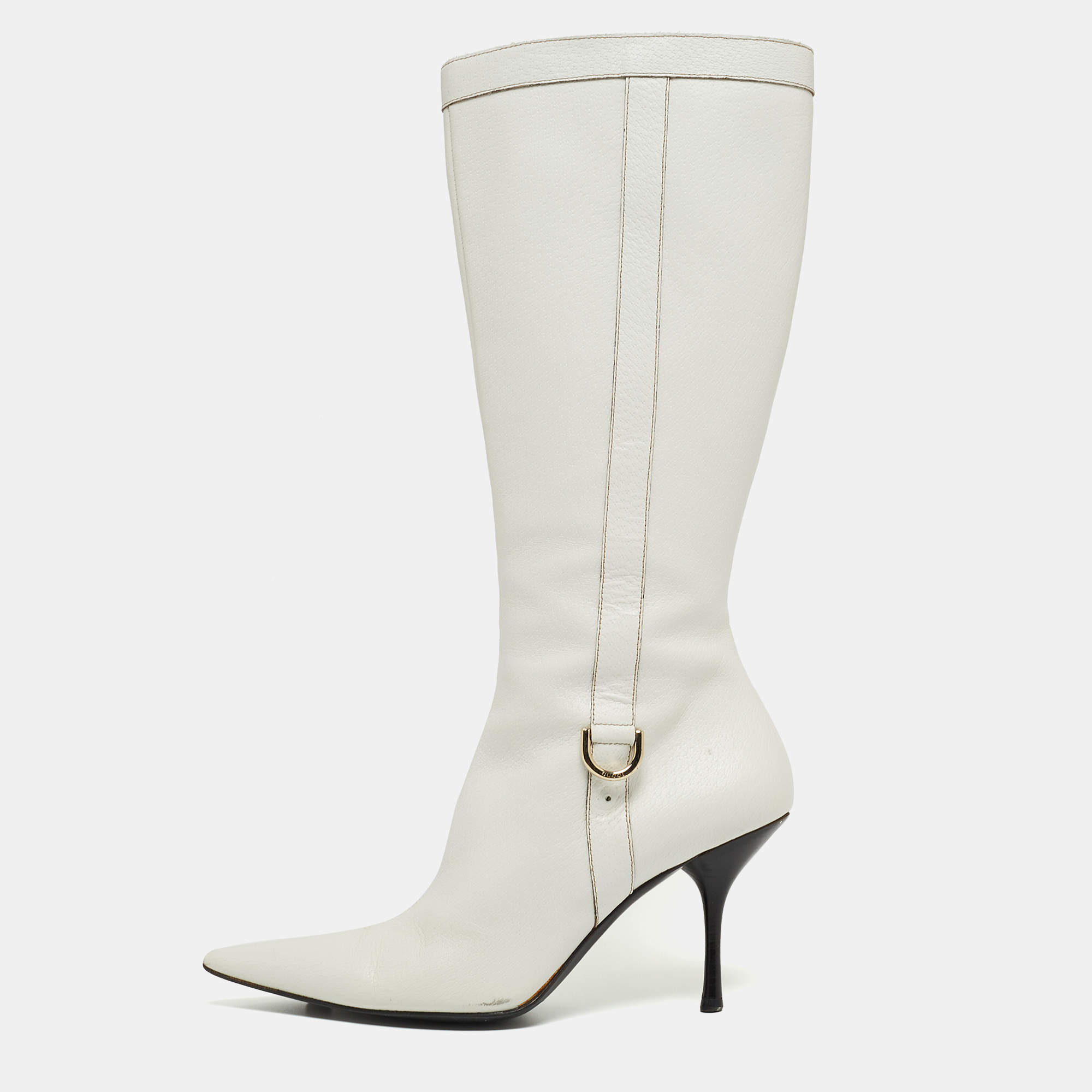 Pre Owned Gucci White Leather Pointed Toe Knee Length Boots Size 41