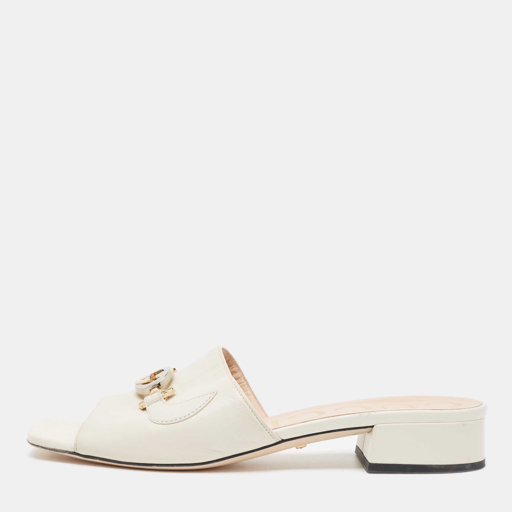Gucci Off White Leather Zumi Slide Sandals Size 37