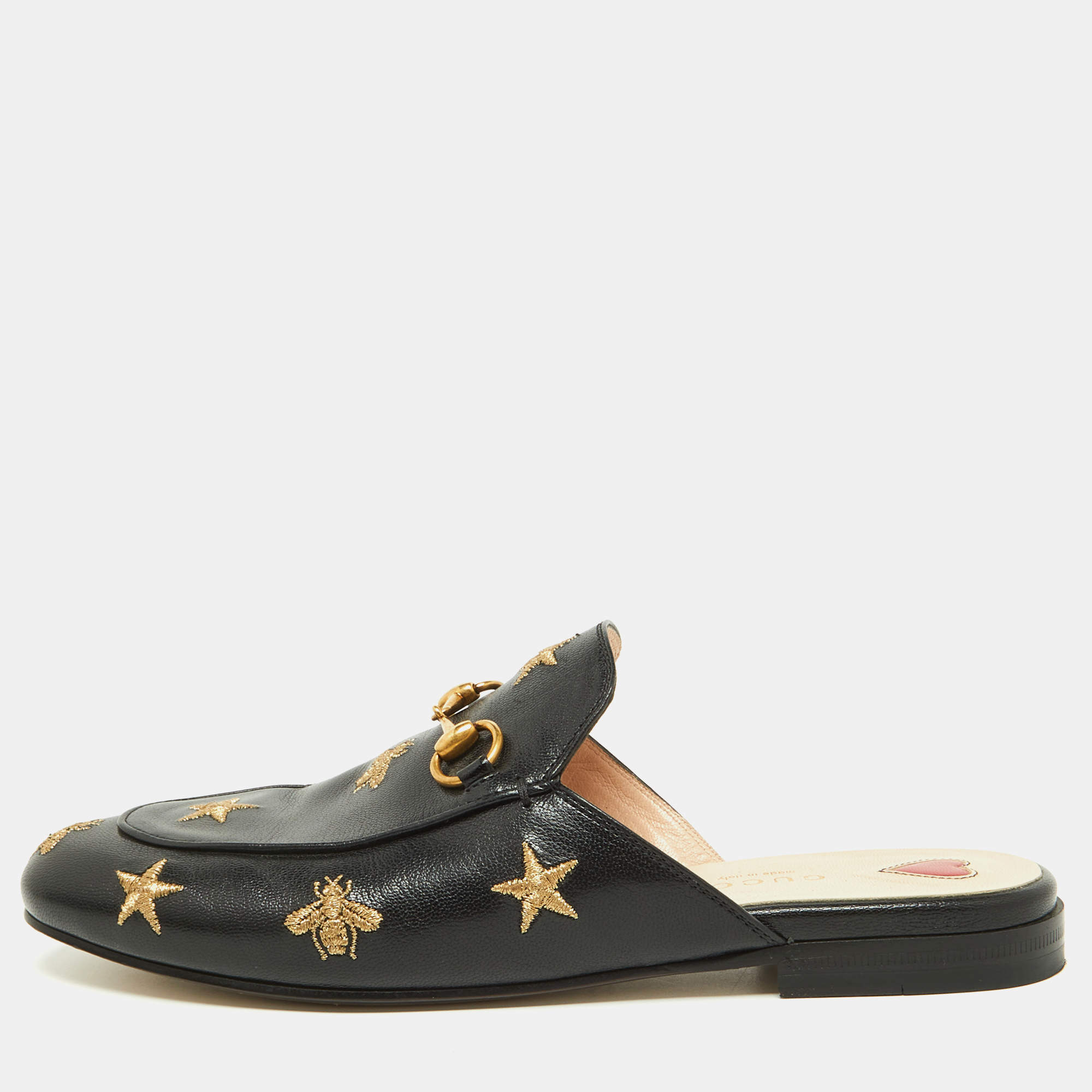 Pre Owned Gucci Black/Gold Leather Bee and Star Embroidered Princetown Flat Mules Size 37