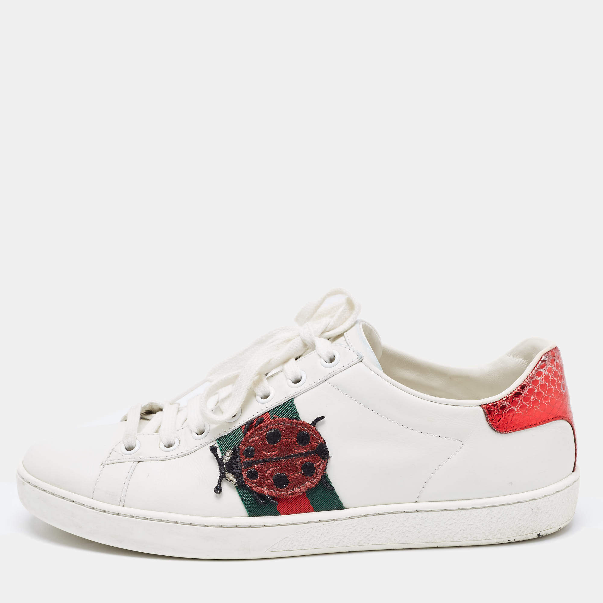 Gucci White/Red Leather and Snake Embossed Leather Ace Pineapple Sneakers Size 38