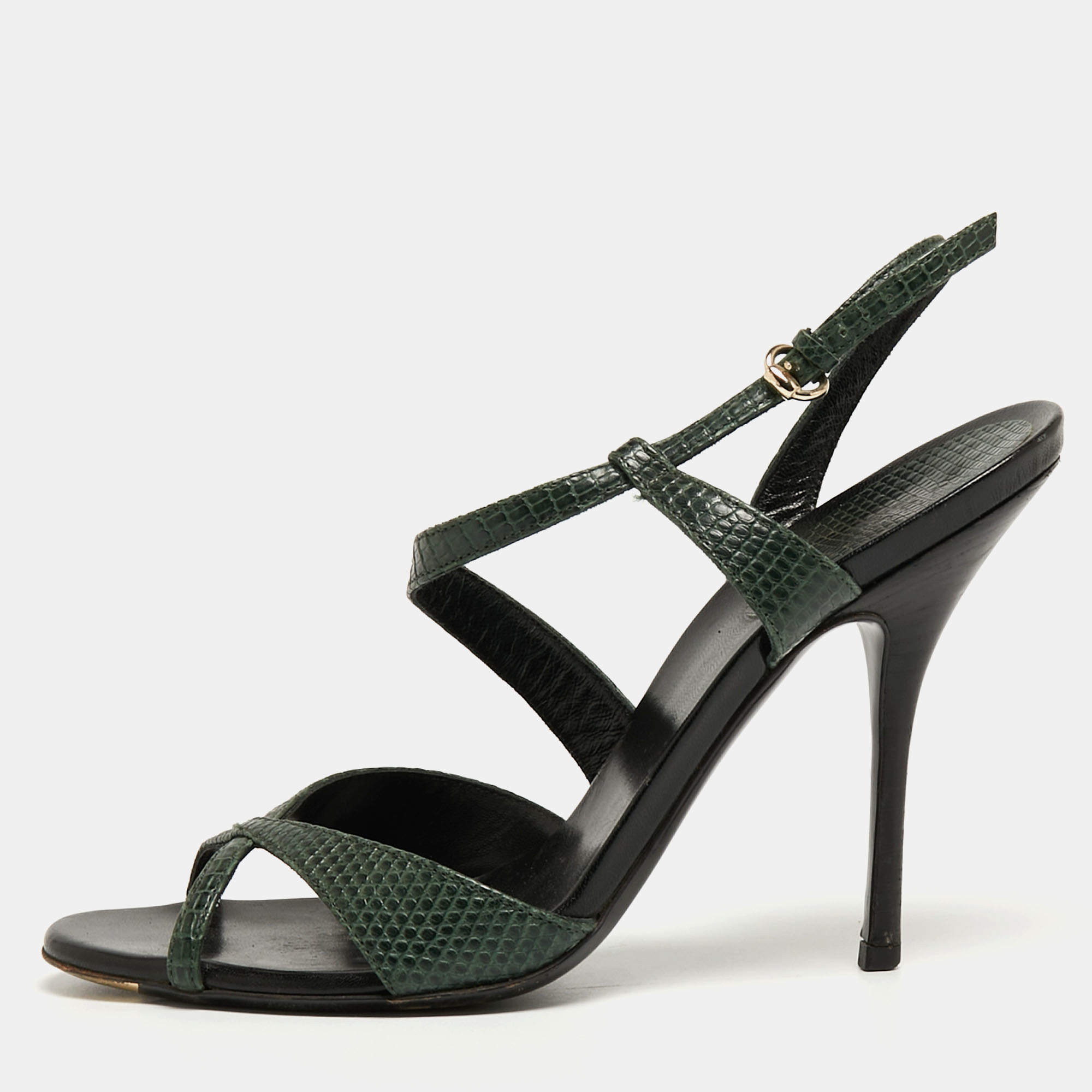 Pre Owned Gucci Green Lizard Strappy Slingback Sandals Size 38
