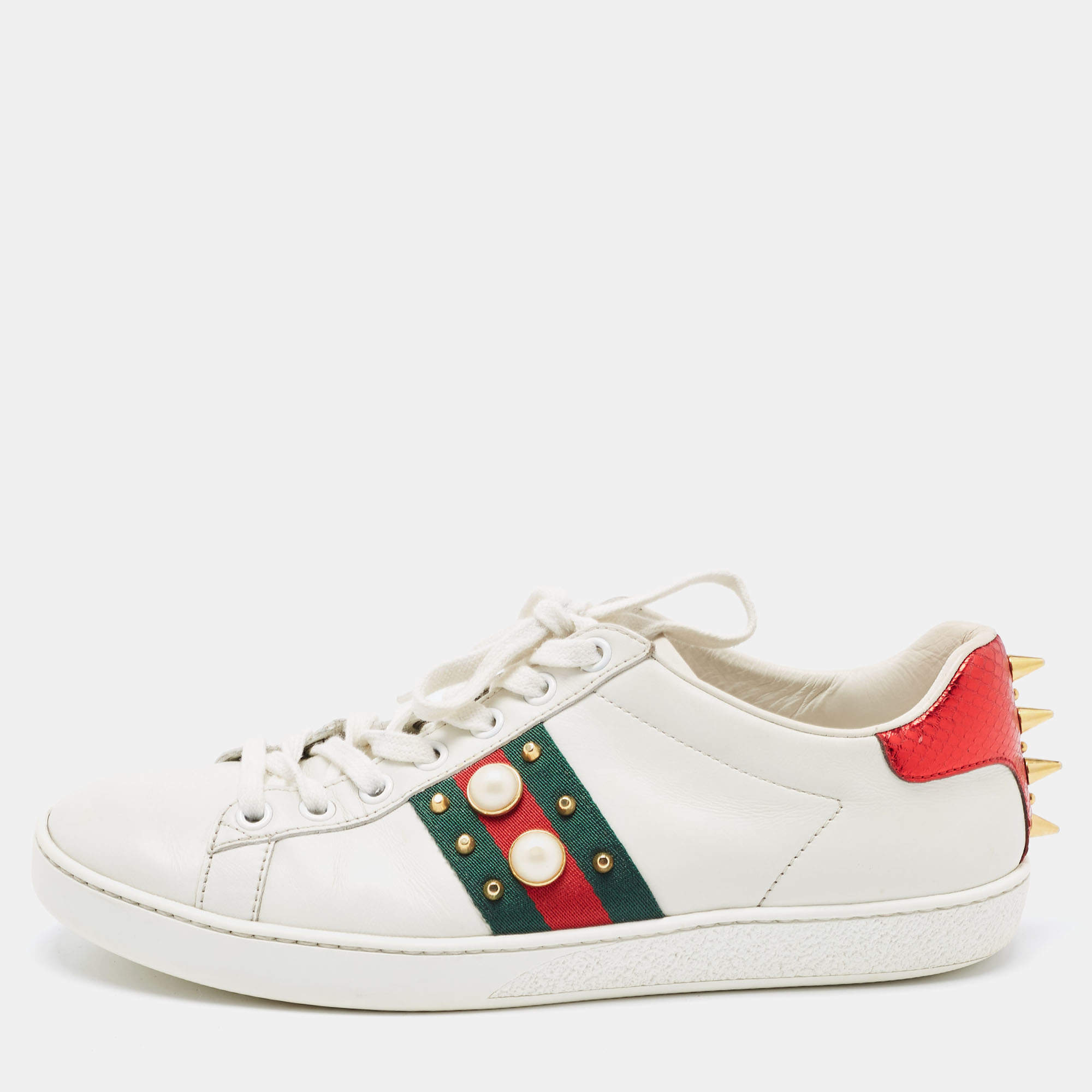 Gucci White Leather Faux Pearl and Spike Embellished Ace Sneakers Size 37.5
