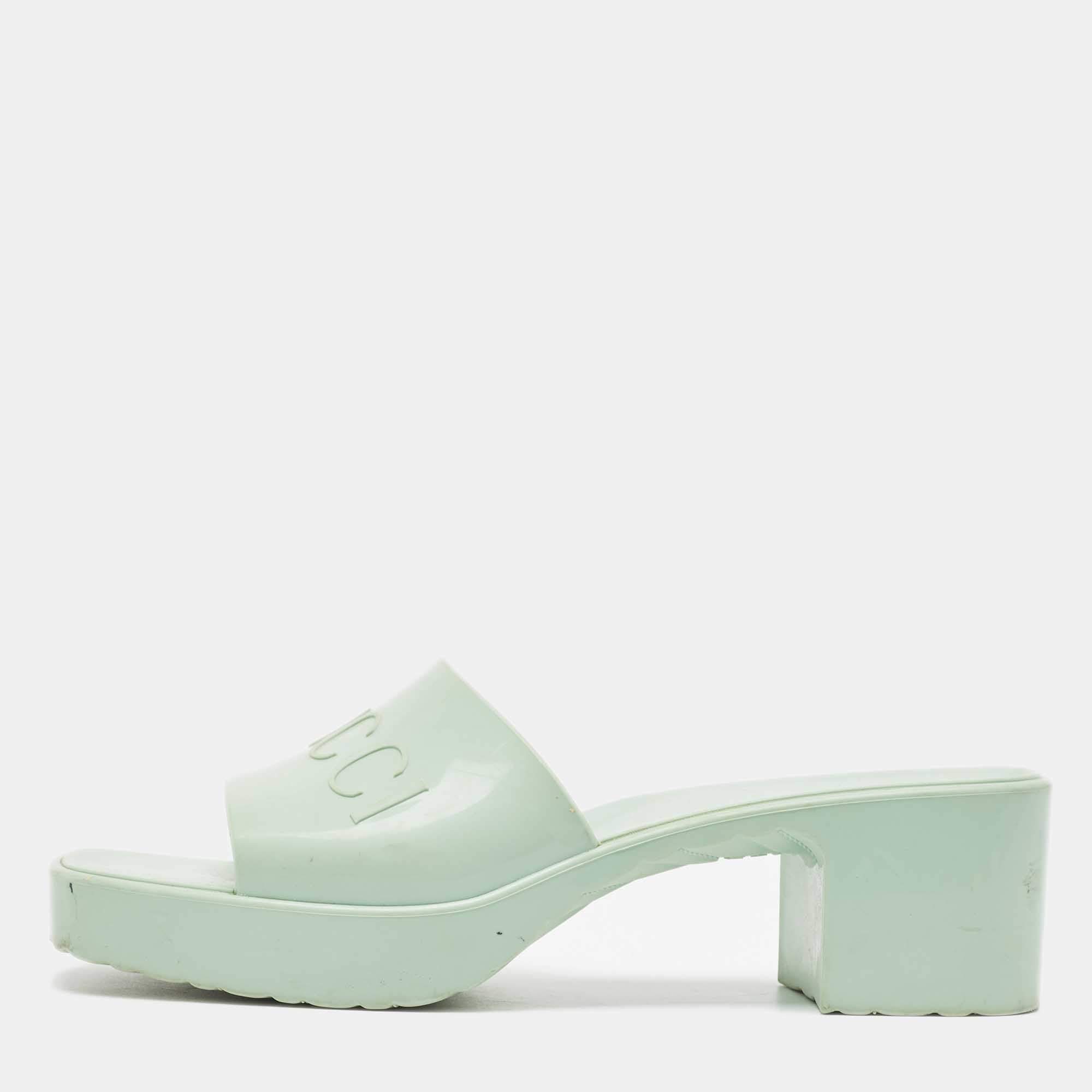 Gucci Mint Green Rubber Logo Embossed Slide Sandals Size 38