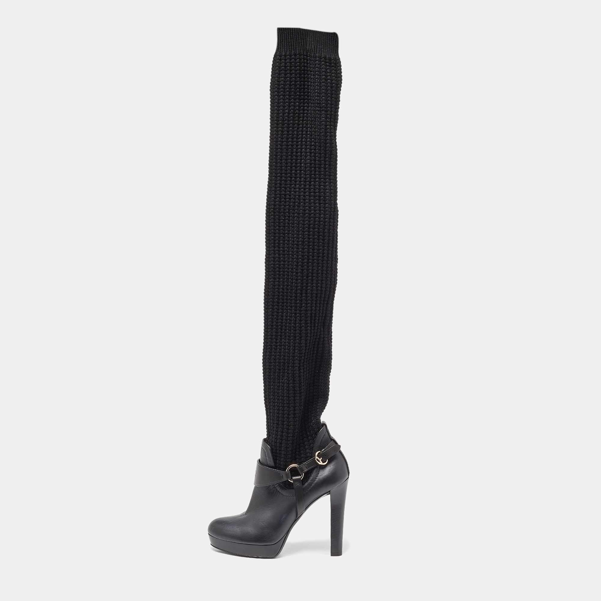 Pre Owned Gucci Black Cotton Knit and Leather Over the Knee Length Platform Boots Size 38