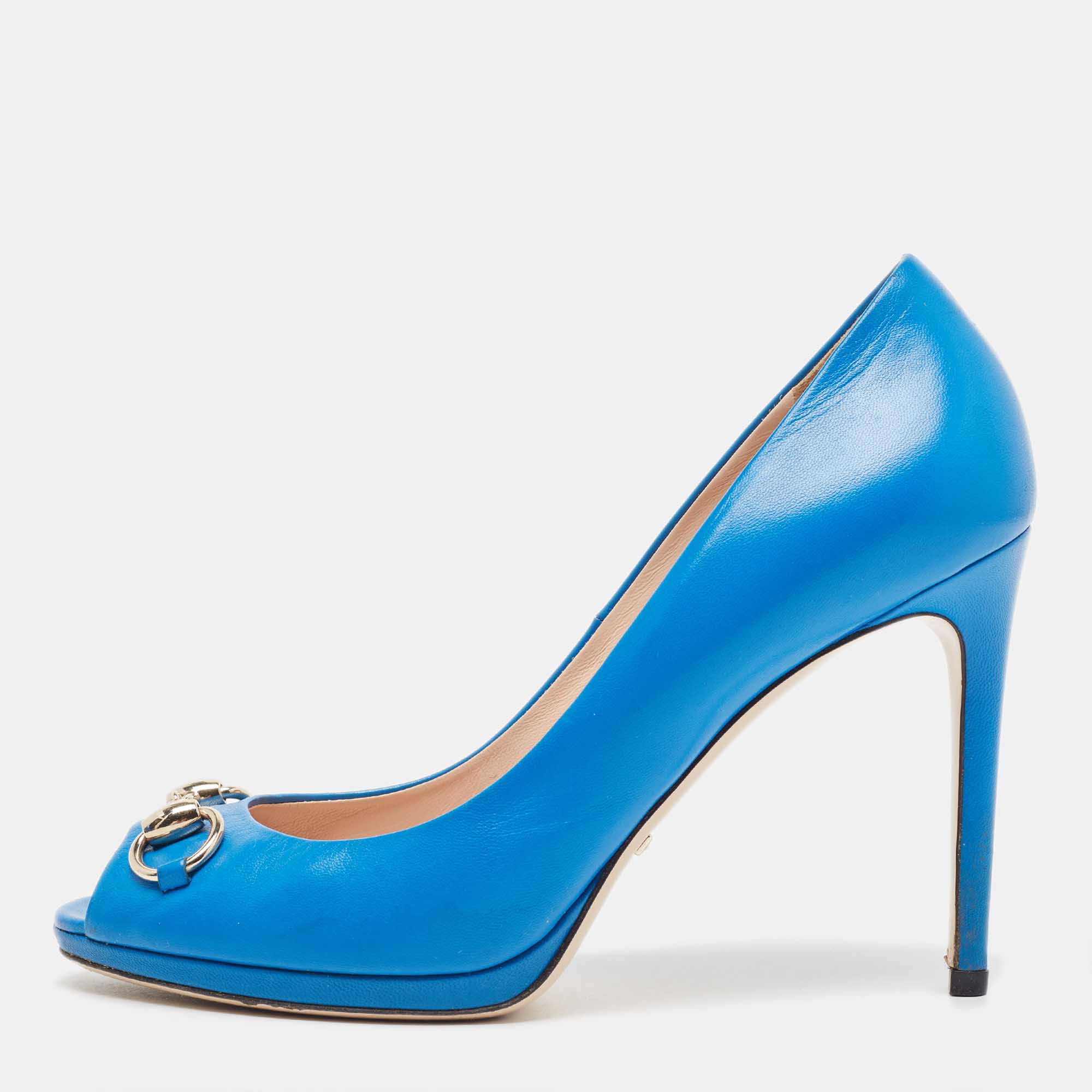 Pre Owned Gucci Blue Leather New Hollywood Platform Pumps Size 38.5