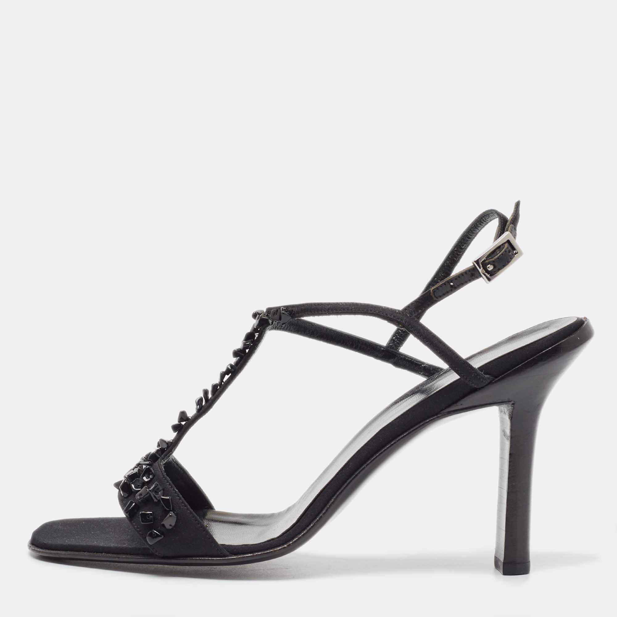 Pre Owned Gucci Black Satin Crystal Embellished Ankle Strap Sandals Size 37.5
