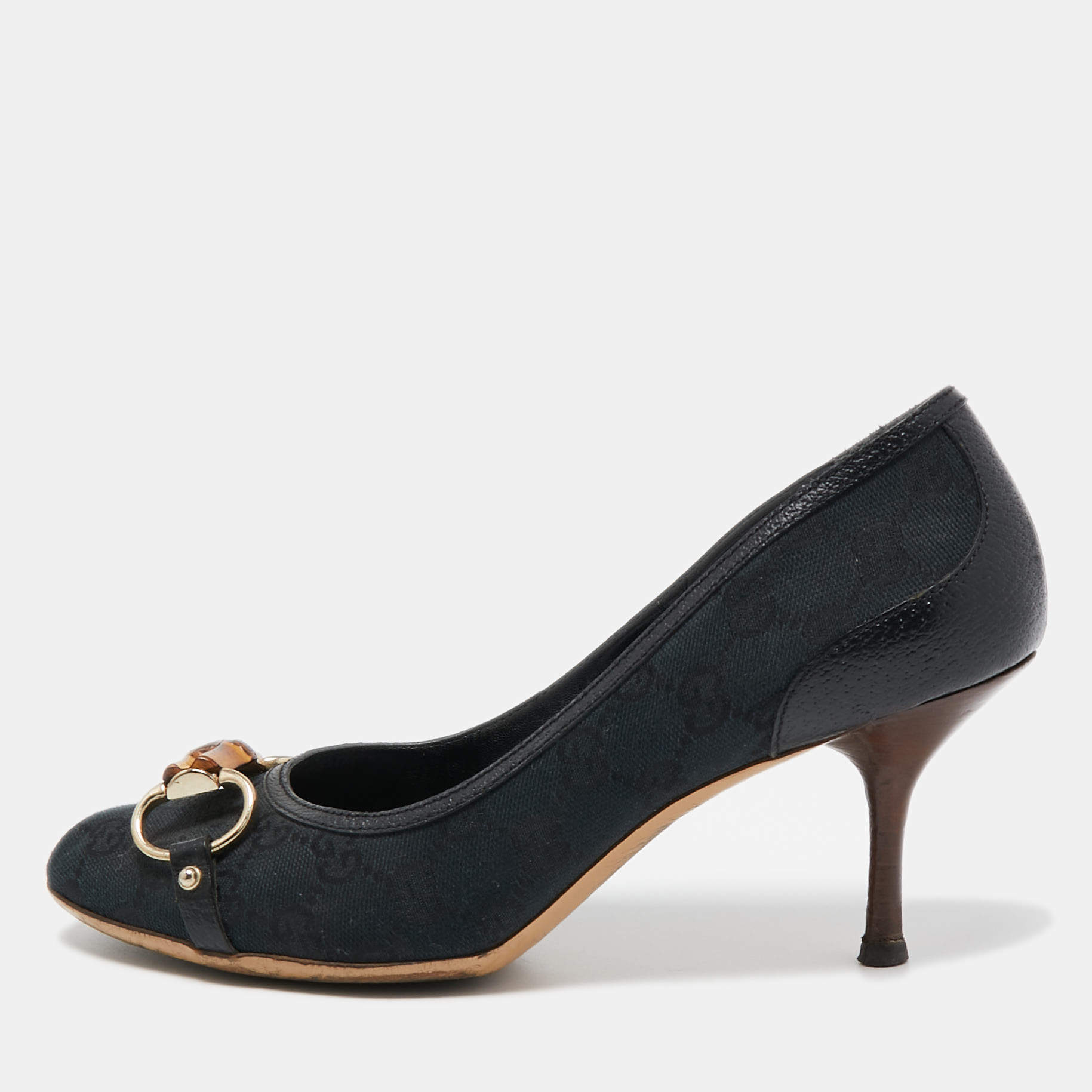 Gucci Navy Blue Canvas Bambo Horsebit Pumps Size 39