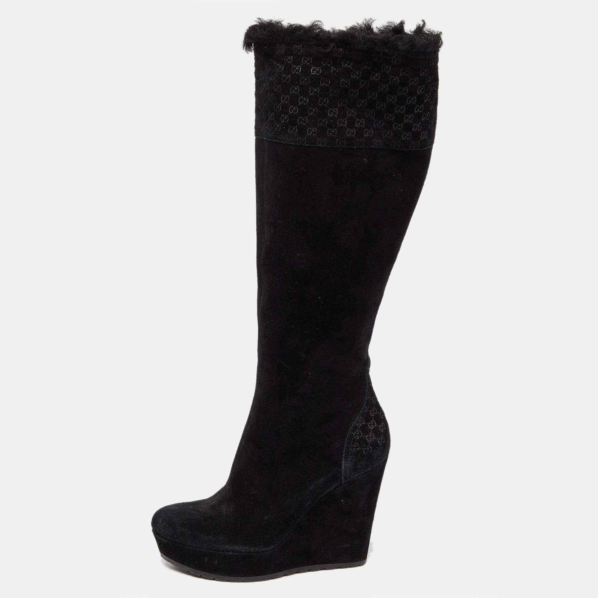 Pre Owned Gucci Black Mircroguccissima Suede Courtney Wedge Boots Size 35