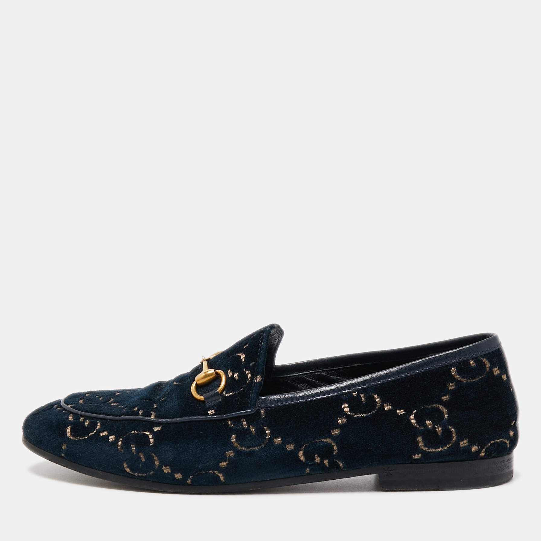 Gucci Blue GG Velvet and Leather Horsebit Slip On Loafers Size 38