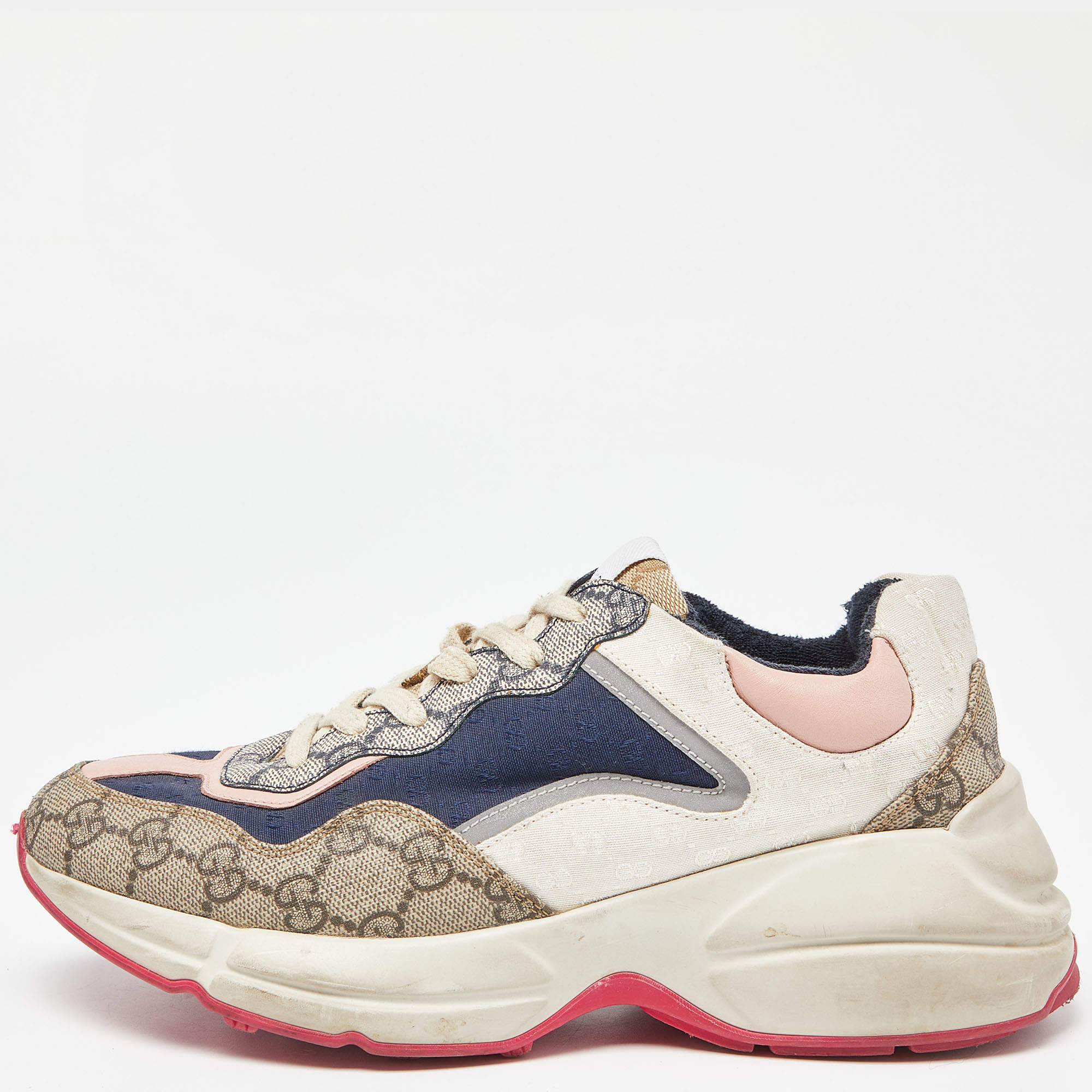 Gucci Multicolor GG Supreme,Leather and Canvas Rhyton Sneakers Size 38
