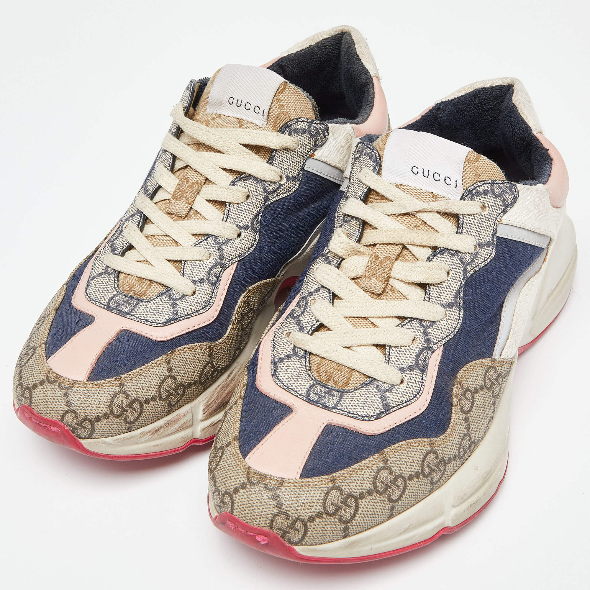 Gucci Multicolor GG Supreme Leather and Canvas Rhyton Sneakers