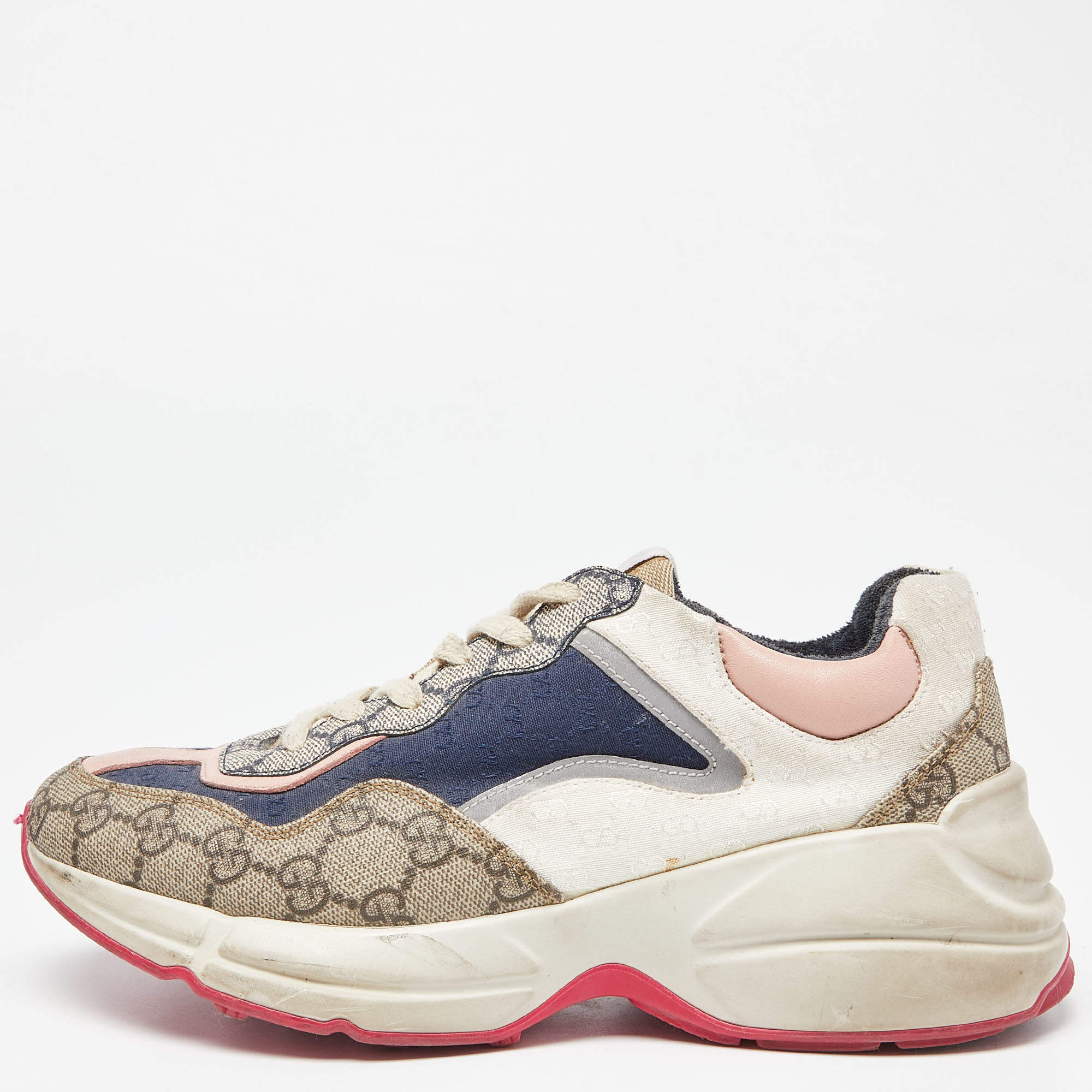 Gucci Multicolor Fabric and GG Supreme Canvas Rhyton Sneakers Size 38