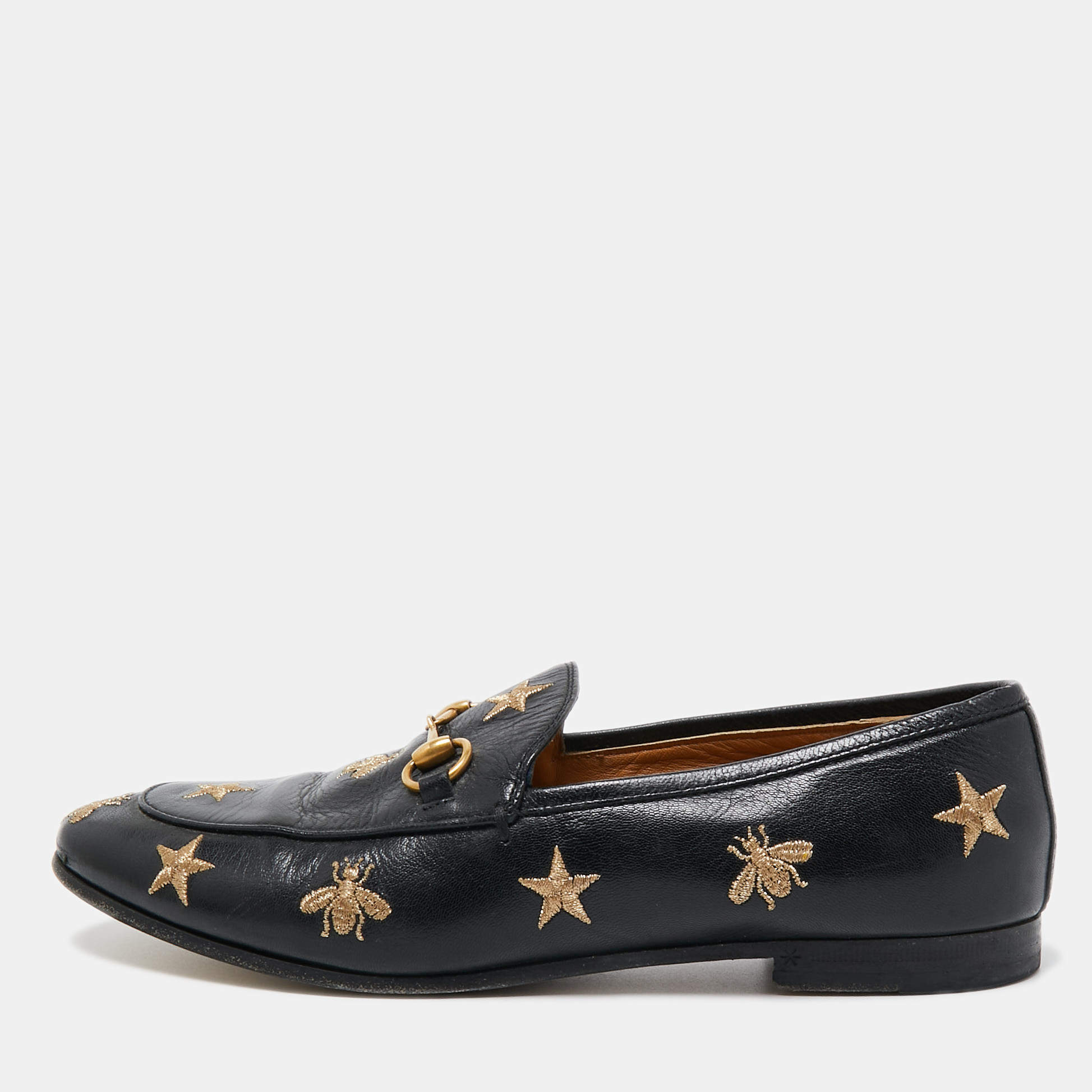 Gucci Black Leather Embroidered Slip On Loafers Size 38