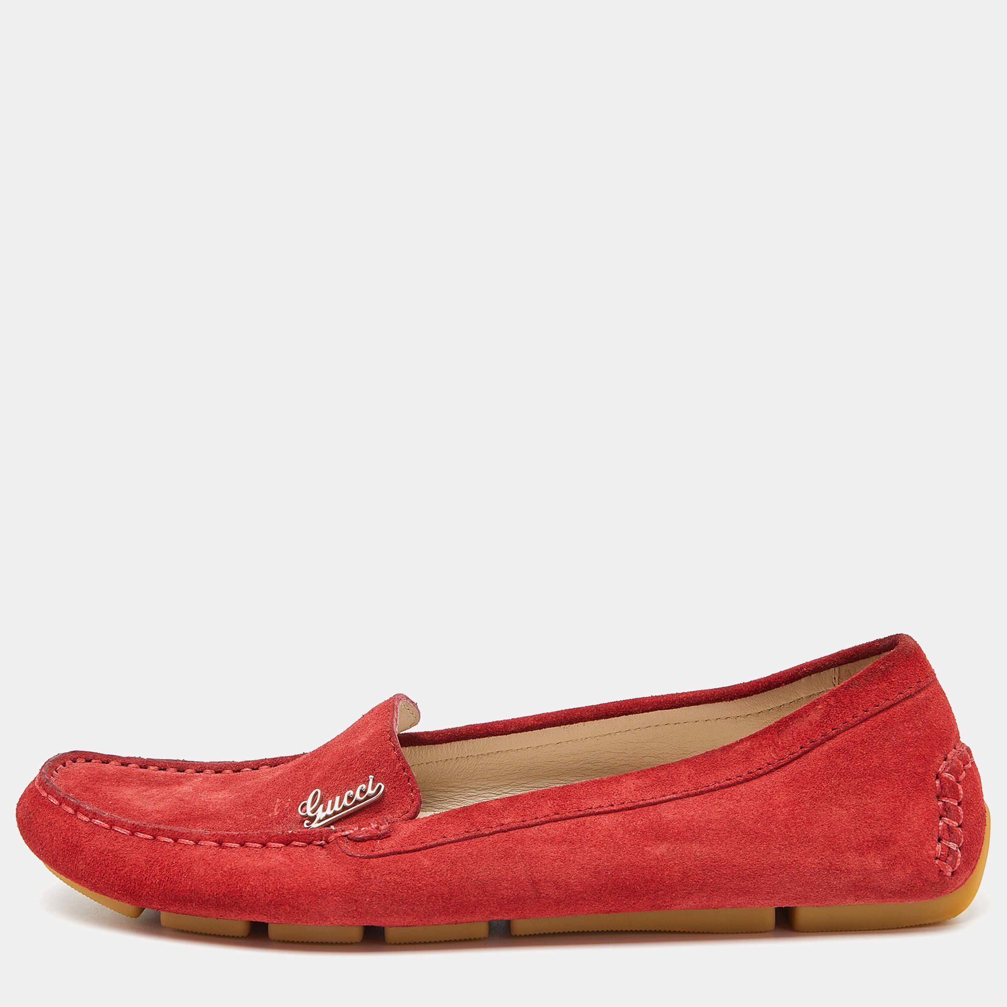 Pre Owned Gucci Red Suede Slip On Loafers Size 36