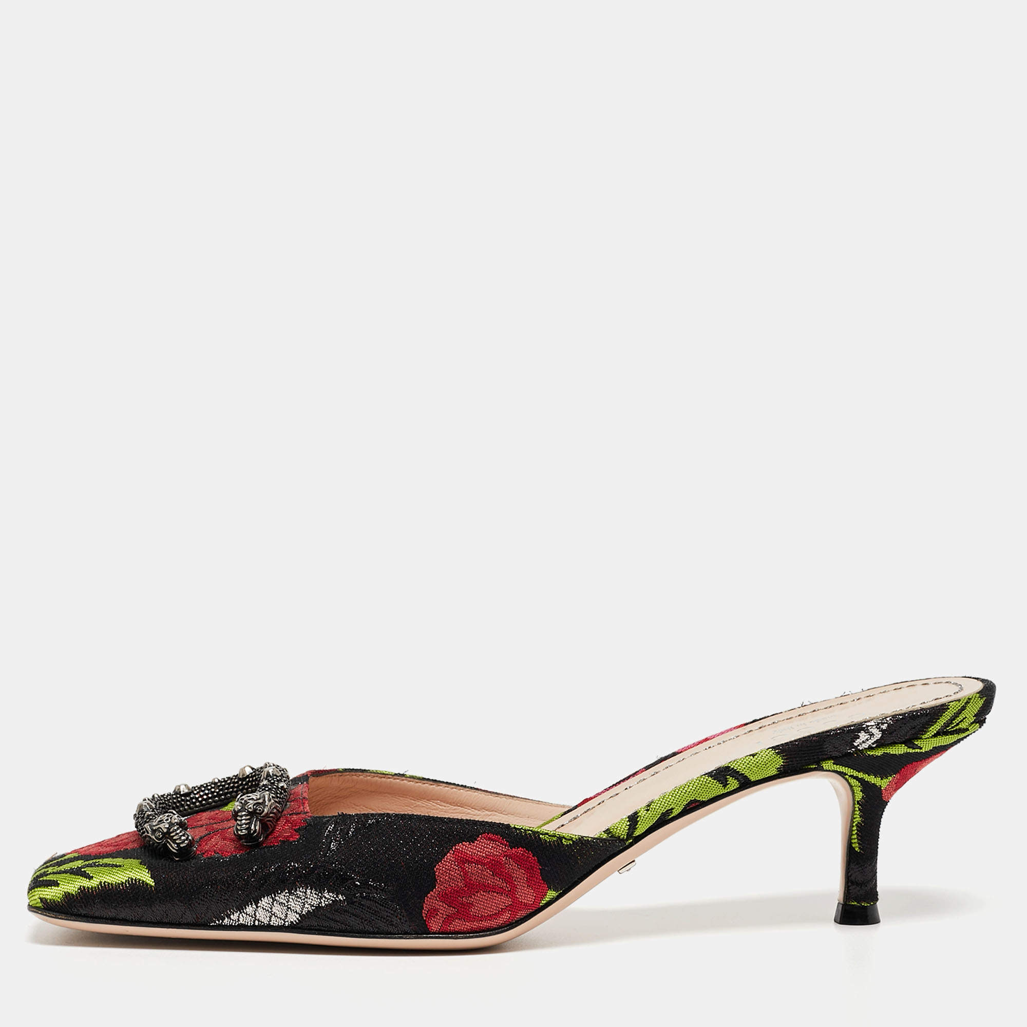 Gucci Multicolor Floral Brocade Fabric Dionysus Square Toe Slip On Mules Size 38