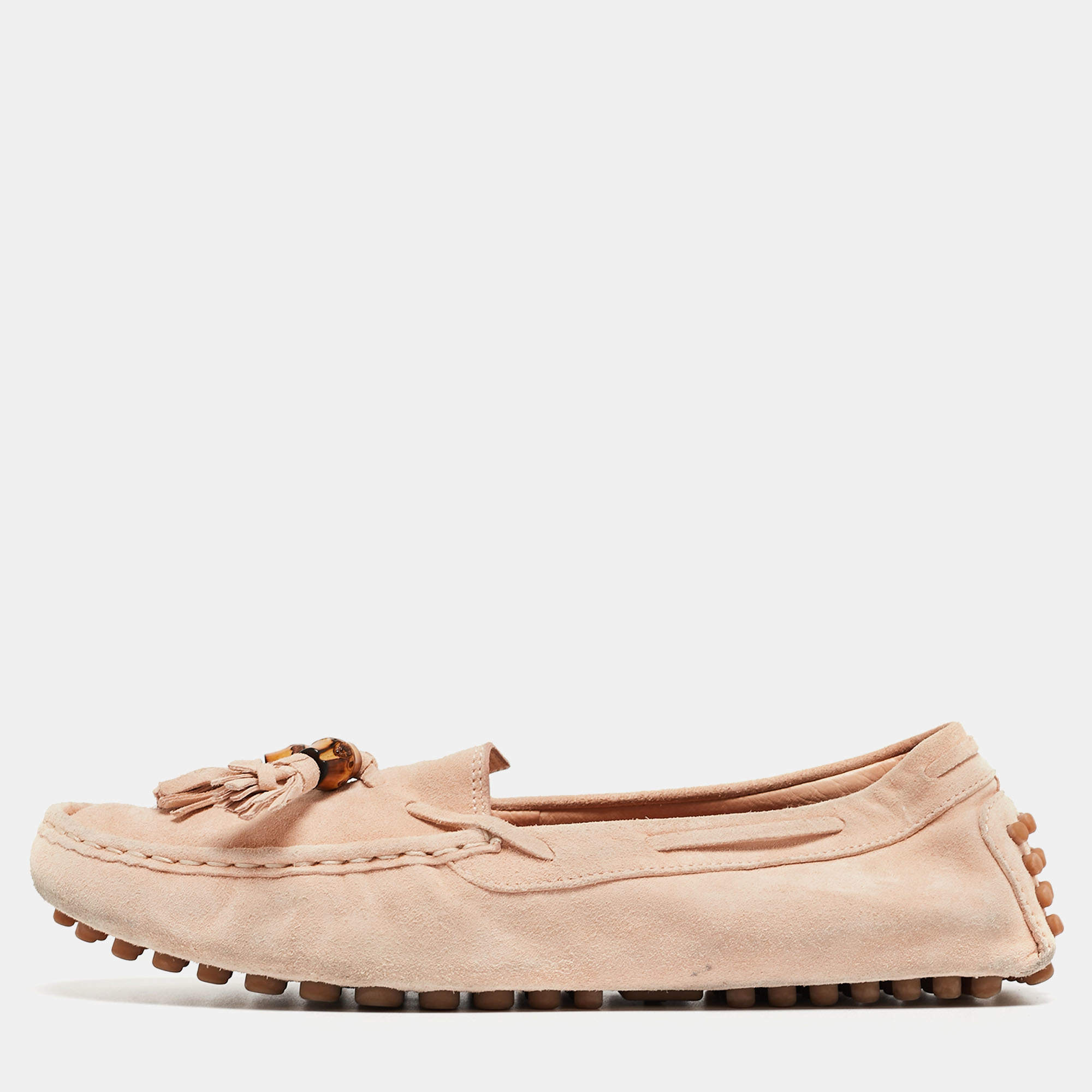 Pre Owned Gucci Light Pink Suede Bamboo Tassel Slip On Loafers Size 37.5