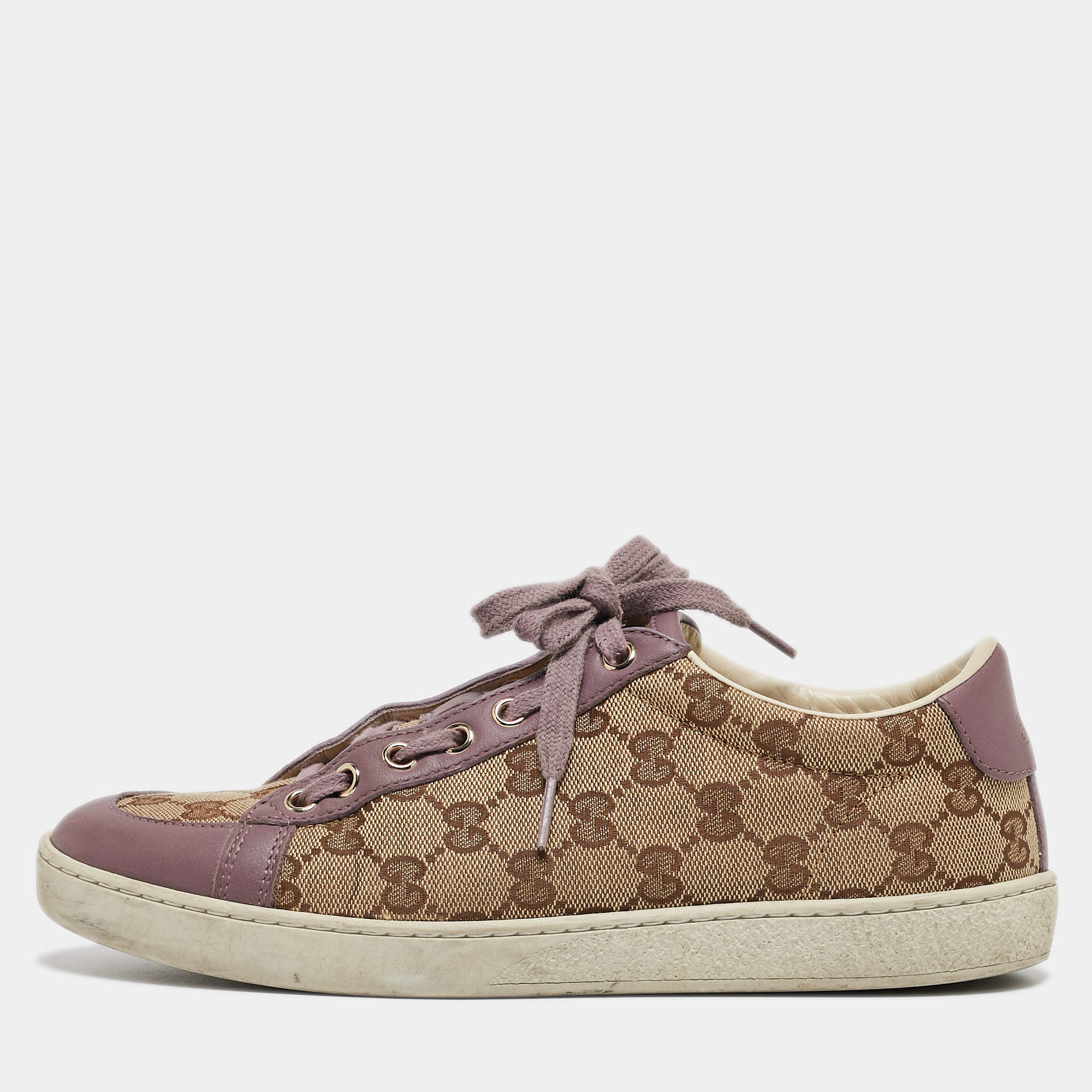 Gucci Purple/Beige Leather and Guccissima Canvas Low Top Sneakers Size 37.5