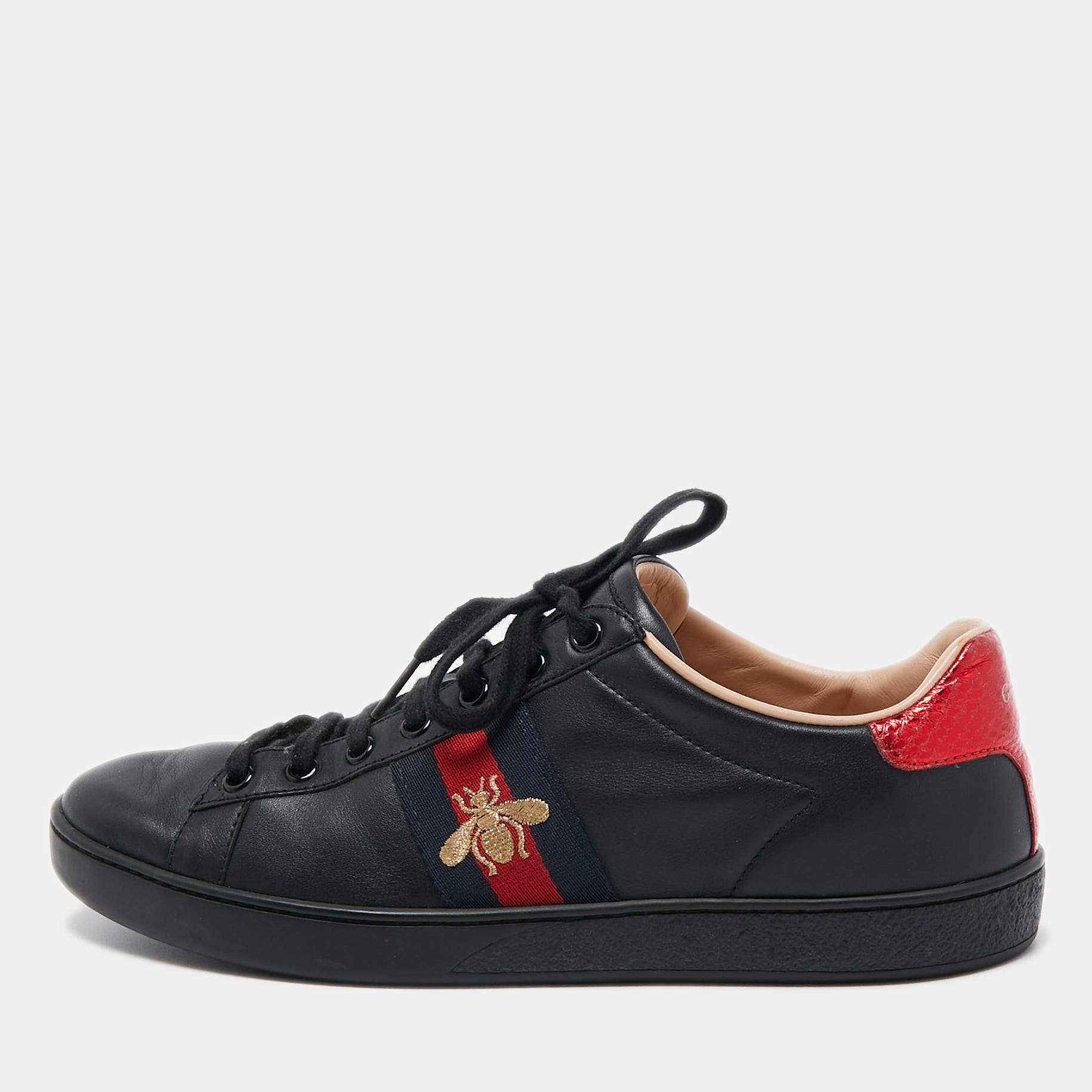 Gucci Black Leather Ace Web Low Top Sneakers Size 38.5