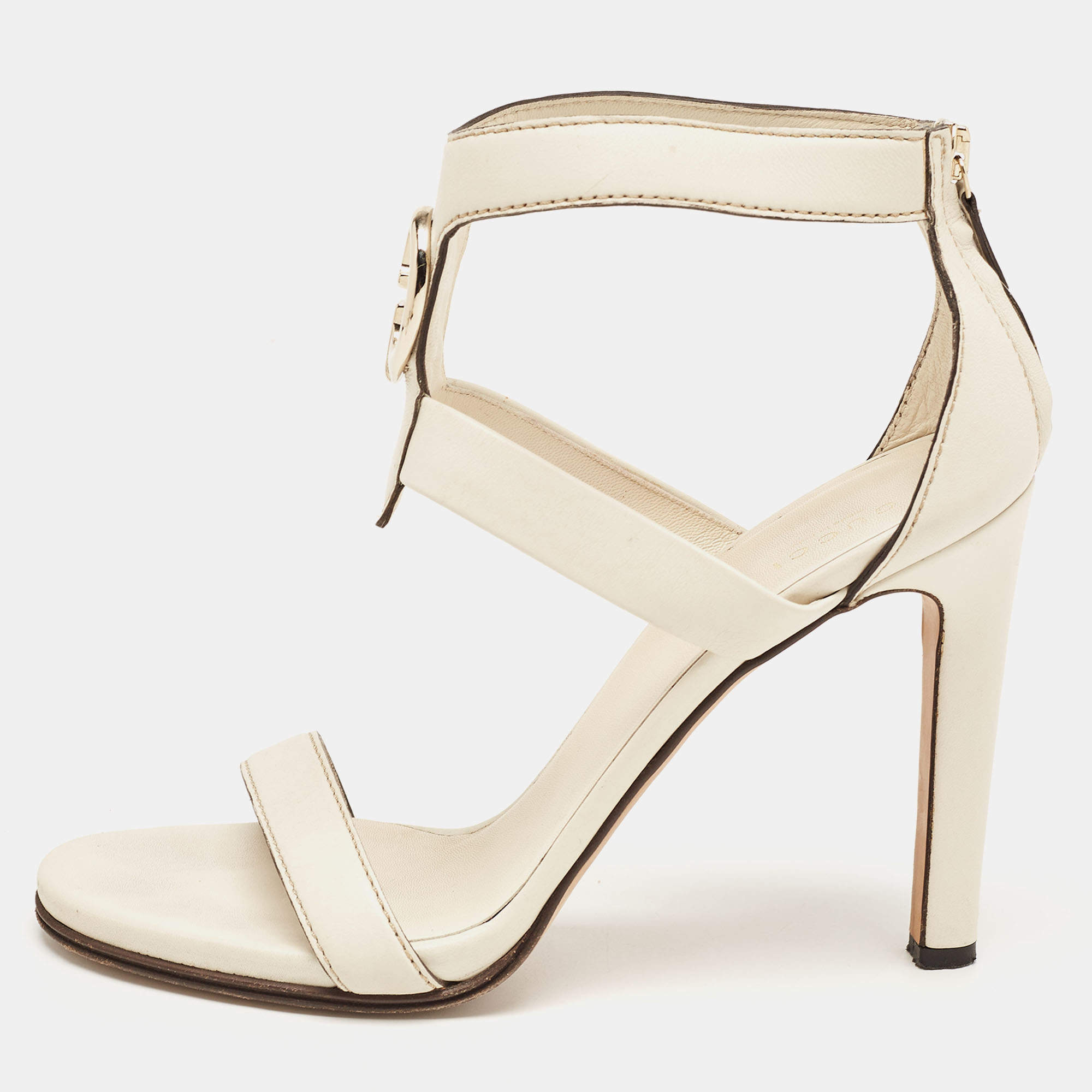 Gucci Off-White Leather Saddle Soft Lux Ankle Cuff Sandals Size 40