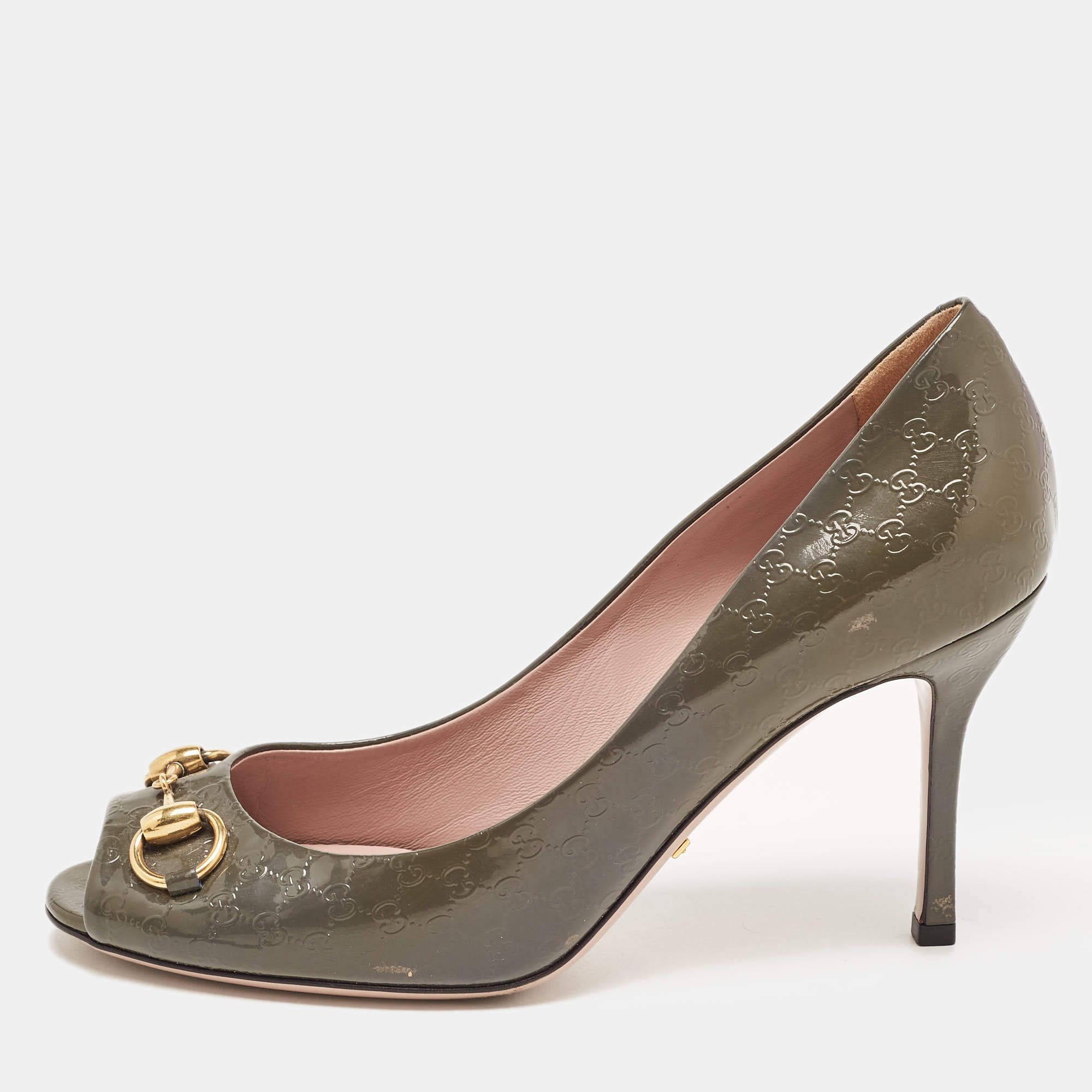 مملوكة مسبقًا Gucci Green Guccissima Patent Leather Horsebit Open Toe Pumps Size 38