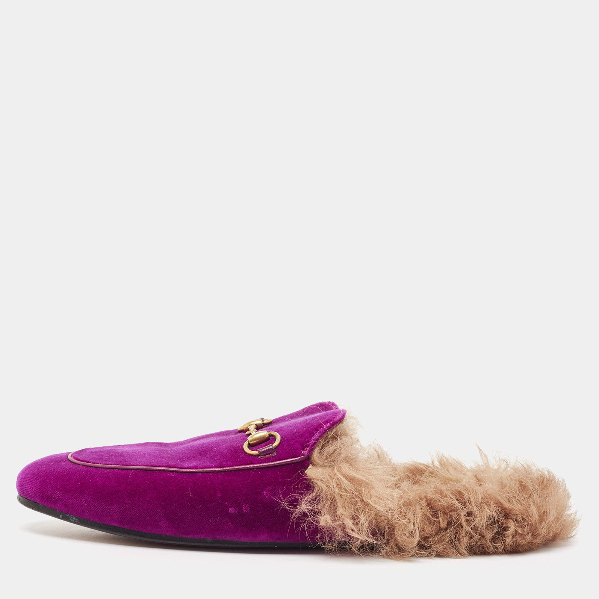 Pre Owned Gucci Purple/Beige Velvet and Fur Princetown Flat Mules Size 40