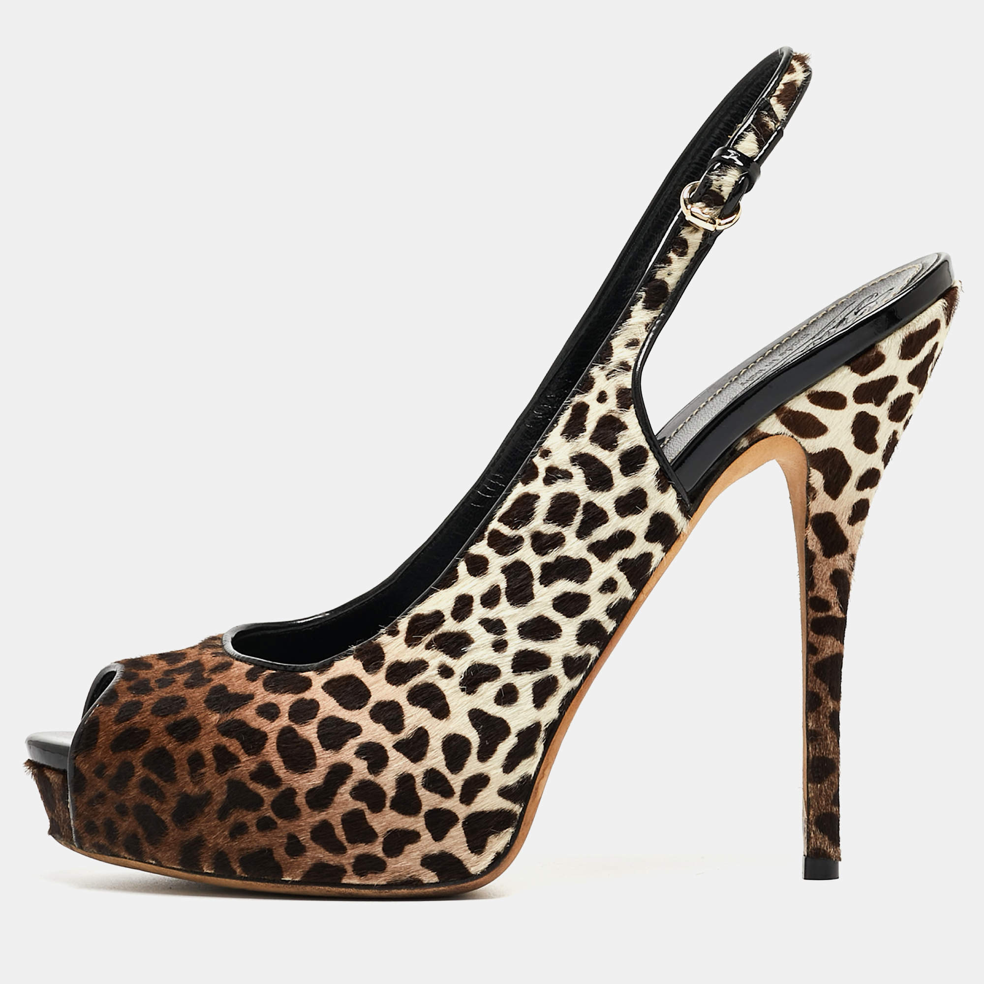 Pre Owned Gucci Brown/White Leopard Print Calf Hair Sofia Platform Slingback Pumps Size 40
