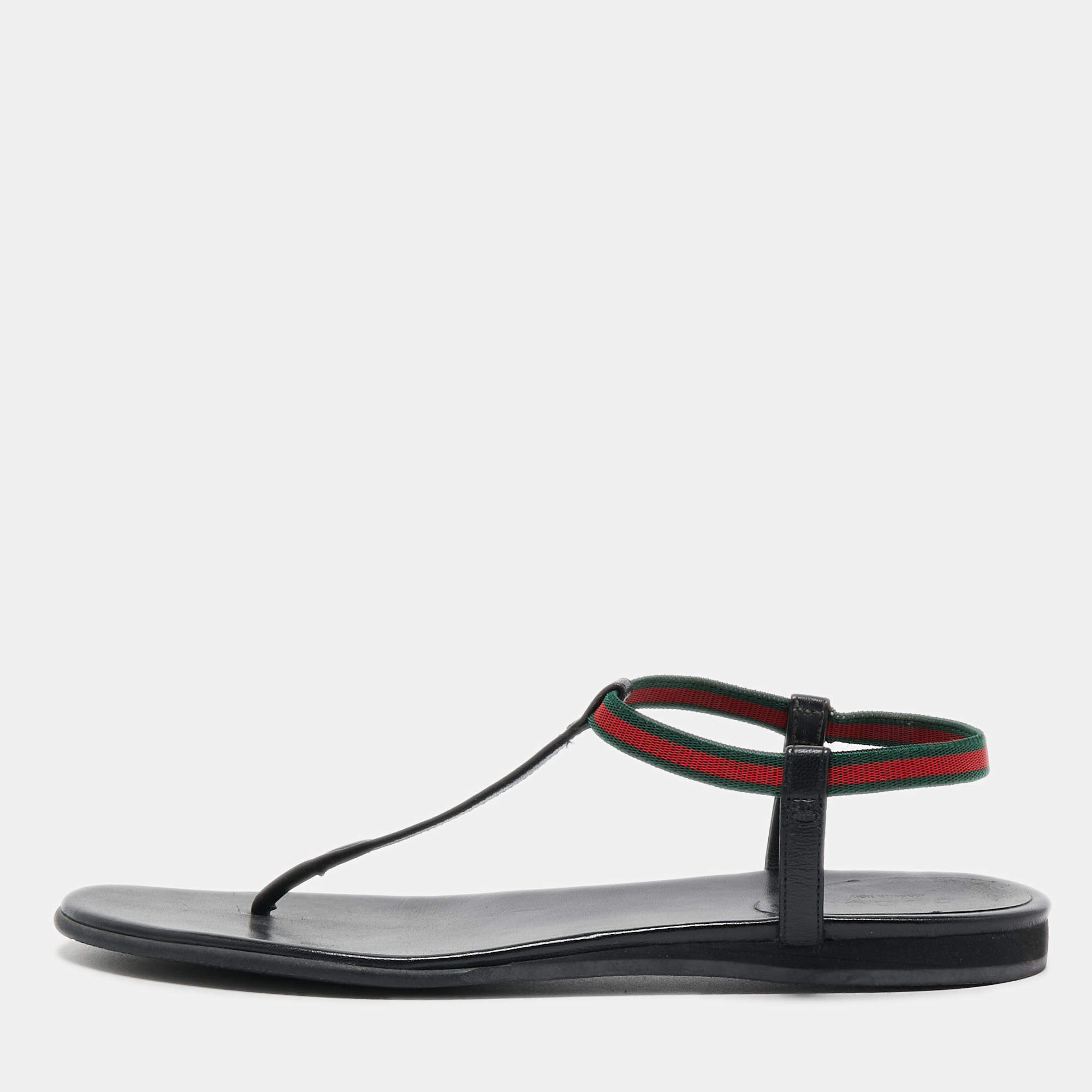 Gucci Black Leather Areia Thong Sandals Size 37