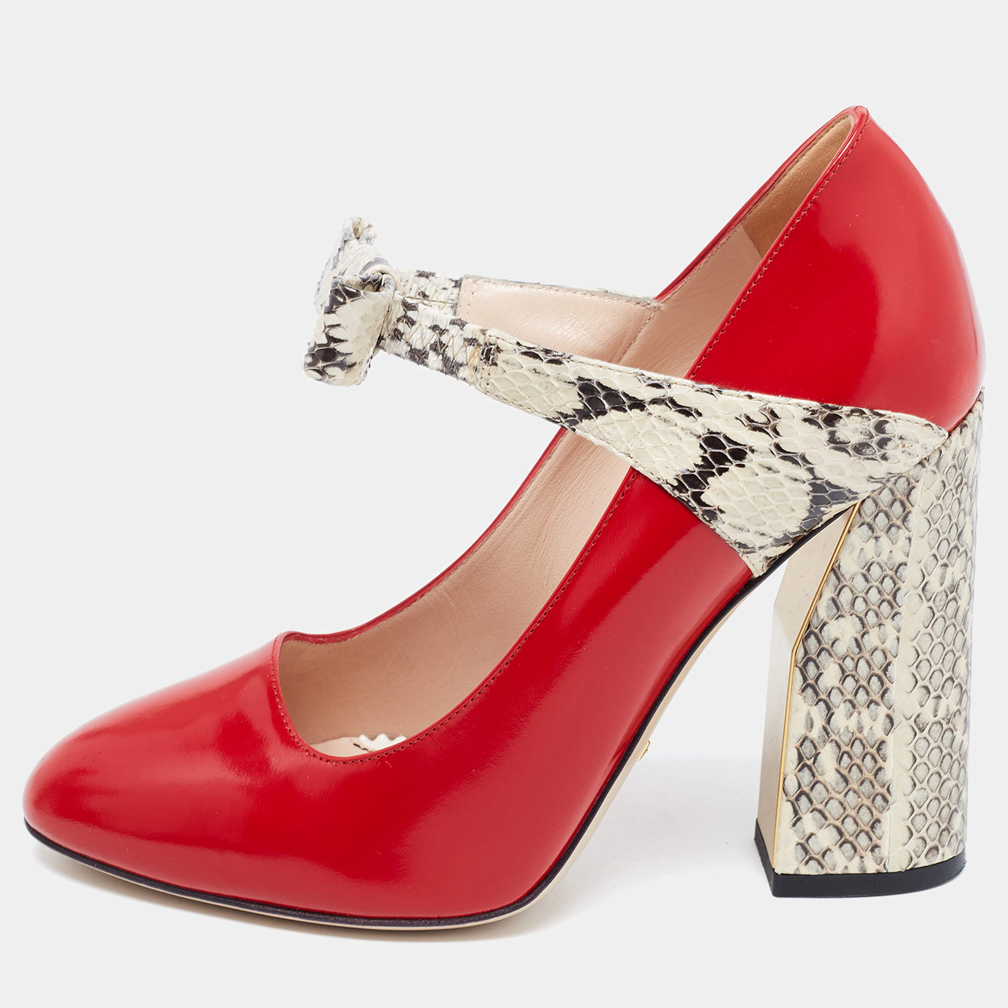 Pre Owned Gucci Red/Beige Watersnake and Glossy Leather Nimue Bow Pumps Size 38