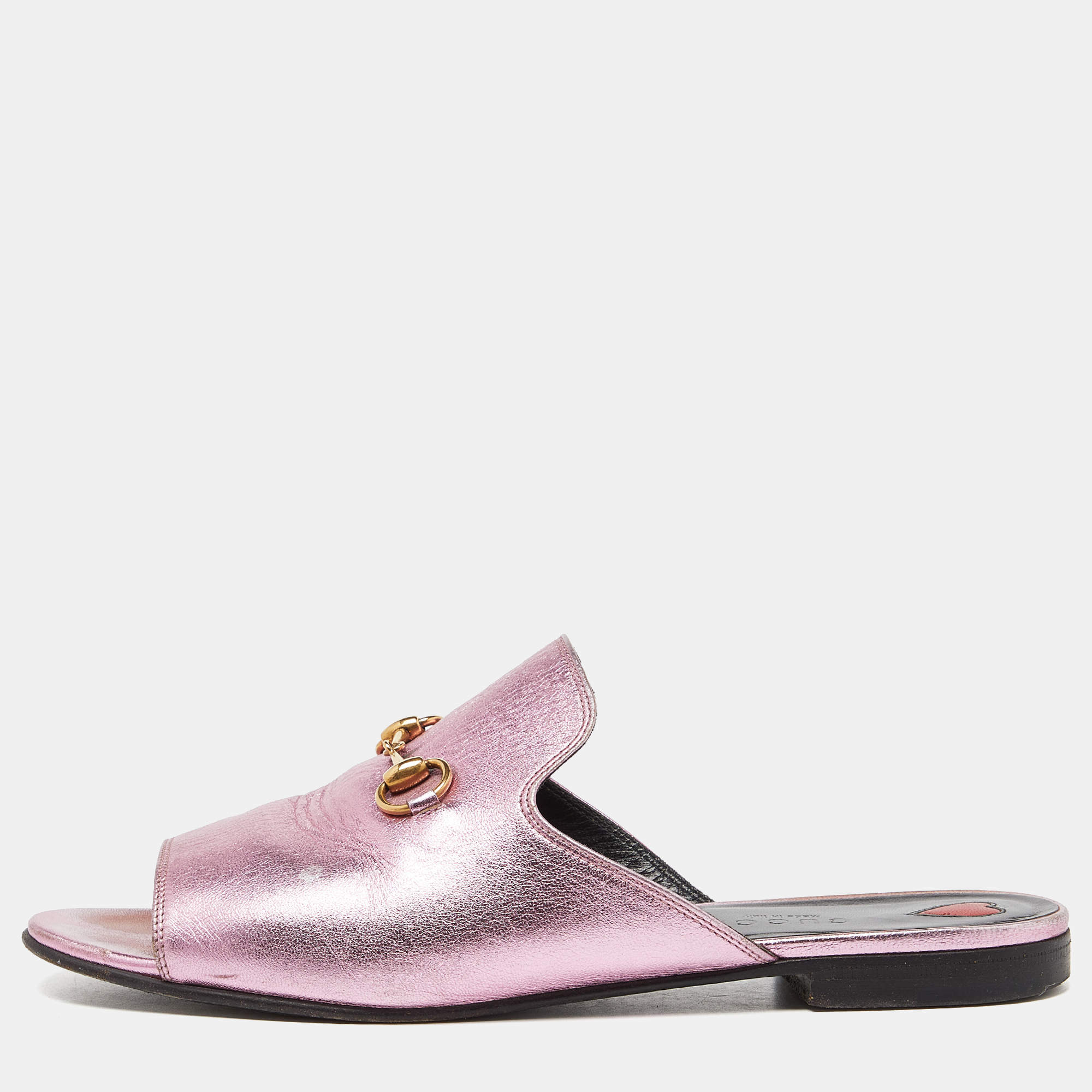 Gucci Pink Leather Horsebit Open Toe Flat Slides Size 38