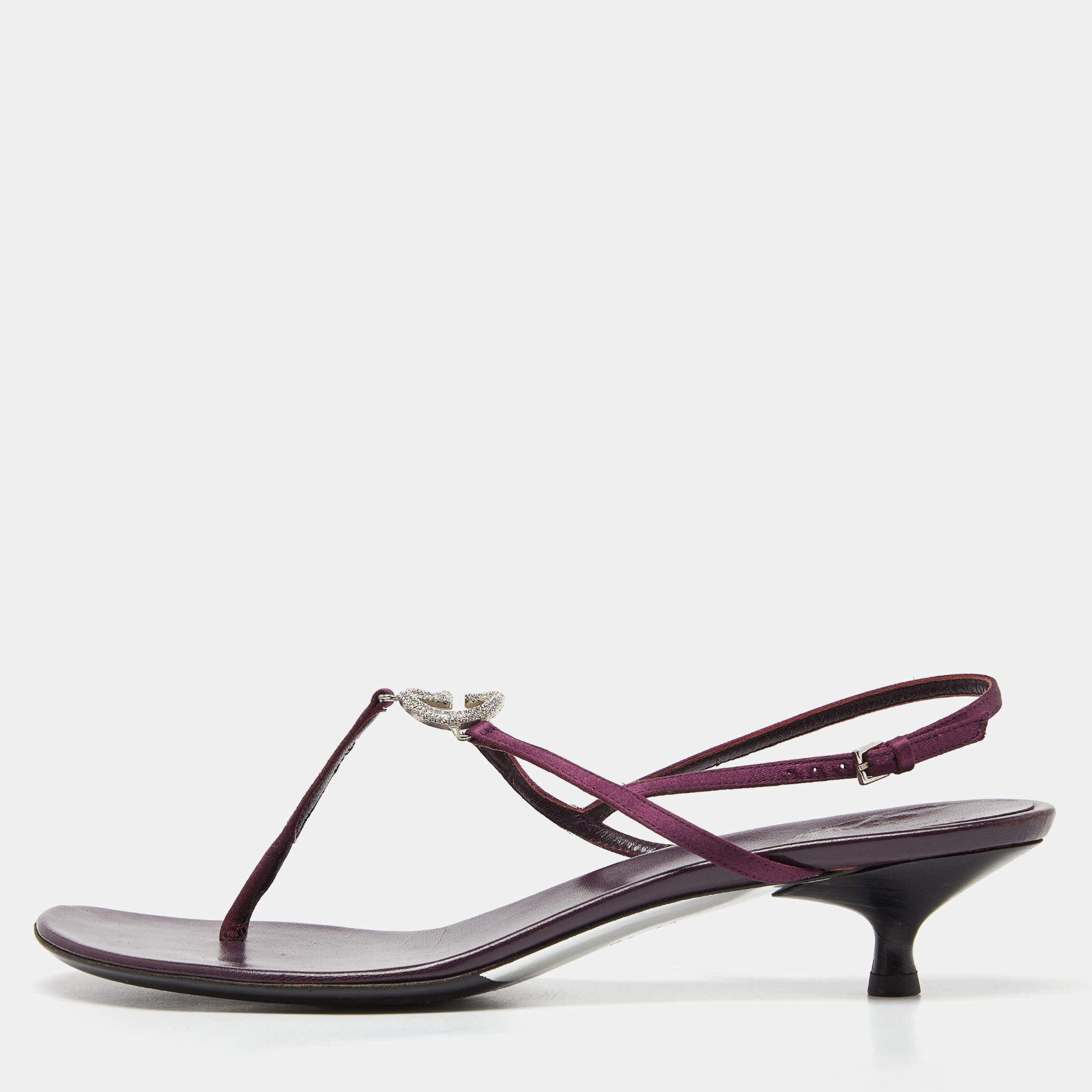 Pre Owned Gucci Purple Satin Crystal Embellished Interlocking G Thong Sandals Size 41.5