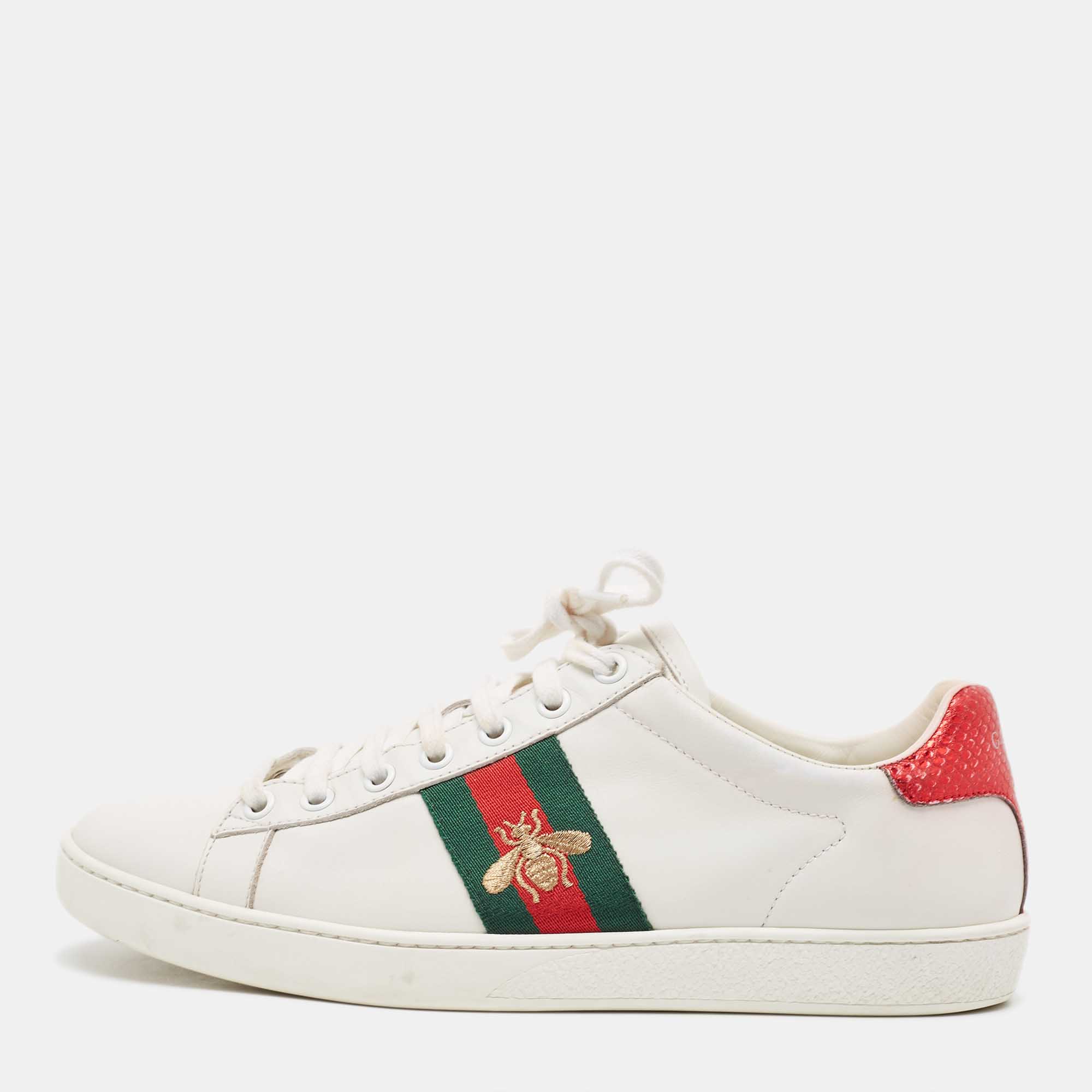 Gucci  White Leather and Python Ace  Low Top Sneakers Size 39