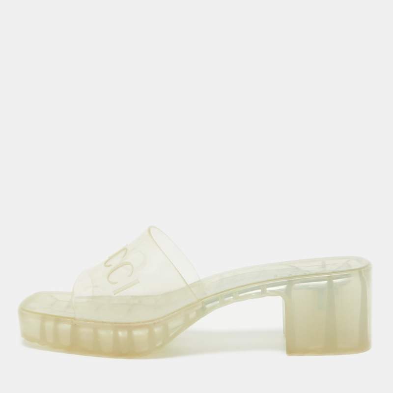 Gucci Transparent PVC Embossed Logo Block Heel Slide Sandals Size 40.5 