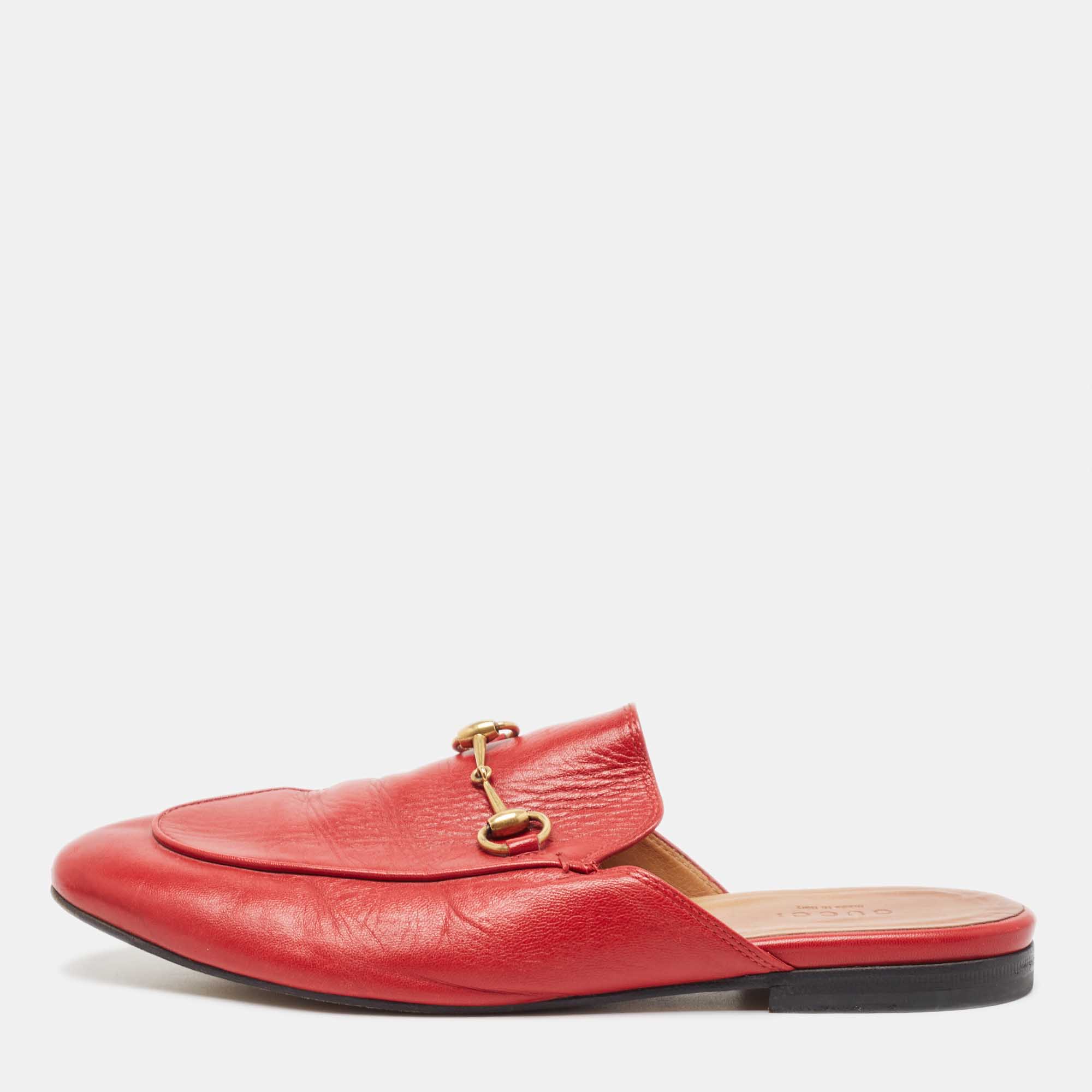 Pre Owned Gucci Red Leather Princetown Flat Mules Size 38.5