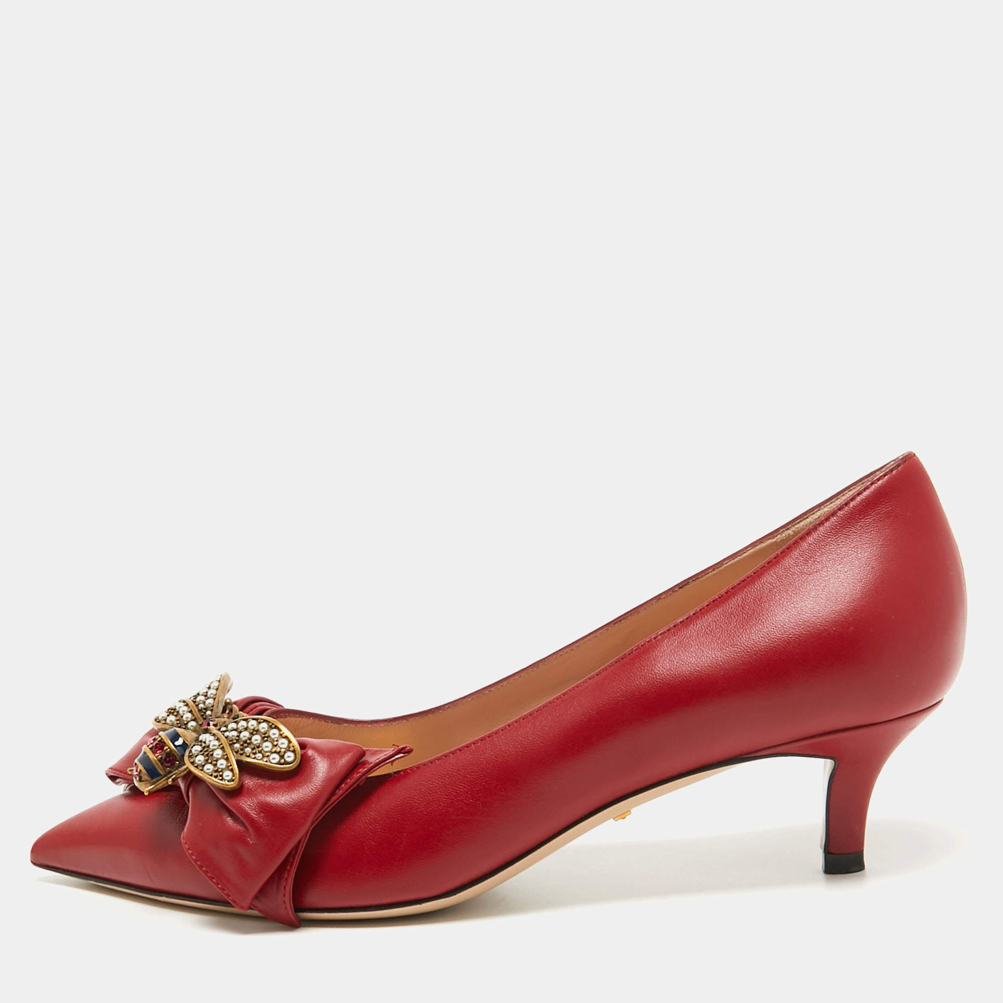 Pre Owned Gucci Red Leather Queen Margaret Bow Pumps Size 39