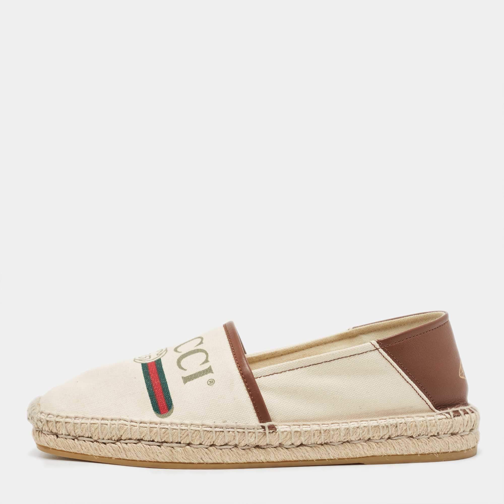Pre Owned Gucci White/Brown Leather and Canvas  Espadrille Flats Size 40