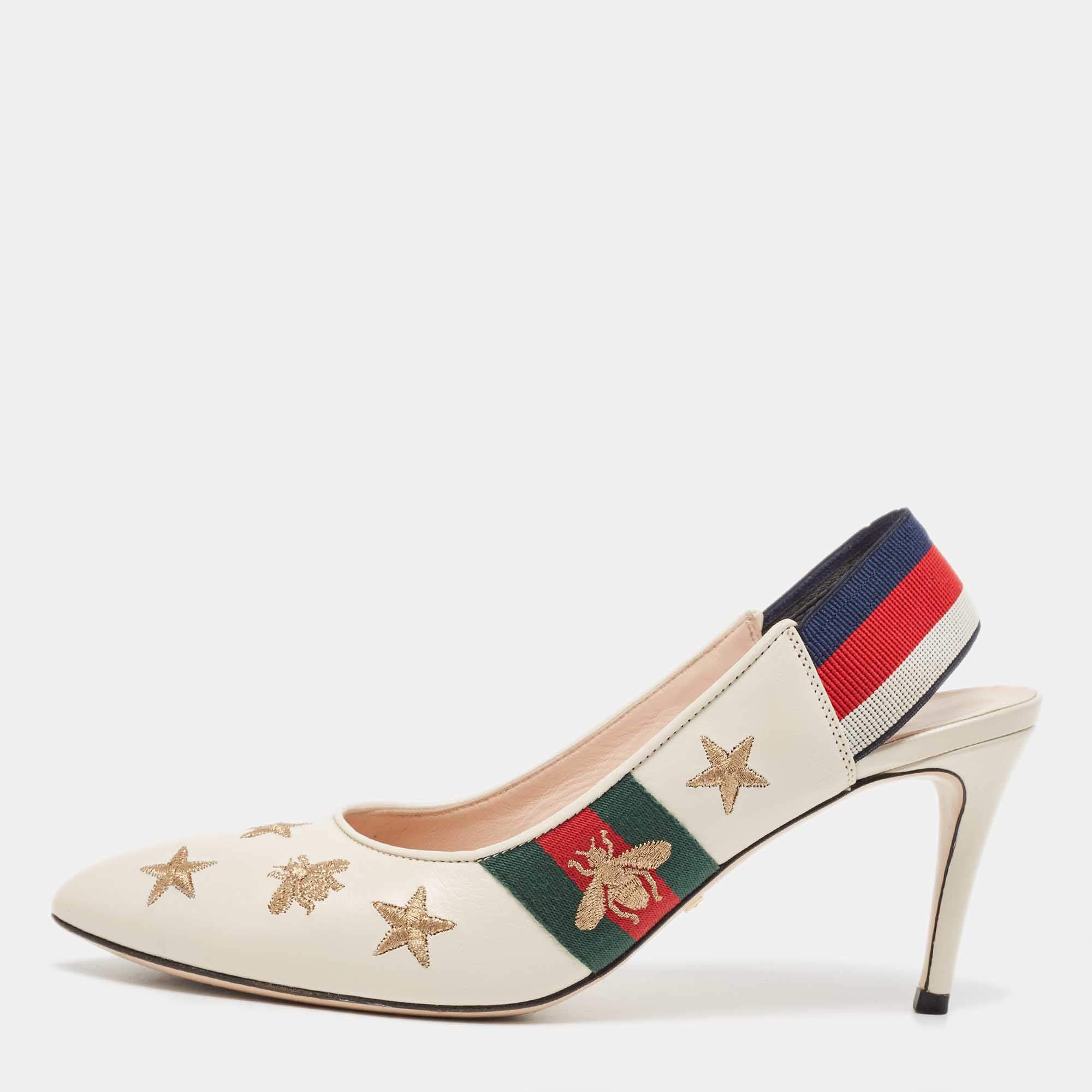 Pre Owned Gucci Off White Leather Bee Star Embroidered Web Sylvie Slingback Pumps Size 38.5