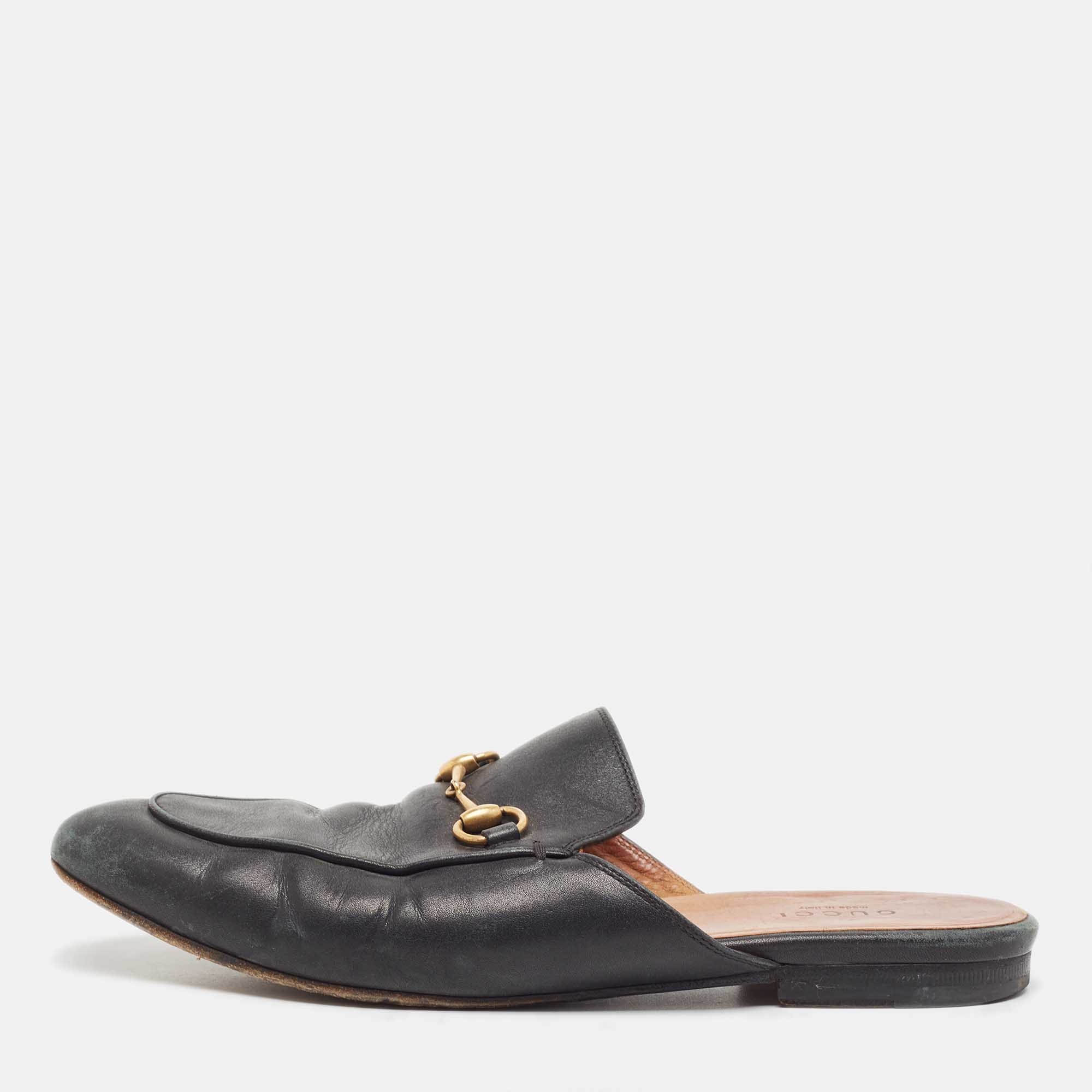 Gucci Black Leather Princetown Mules Size 38.5 a